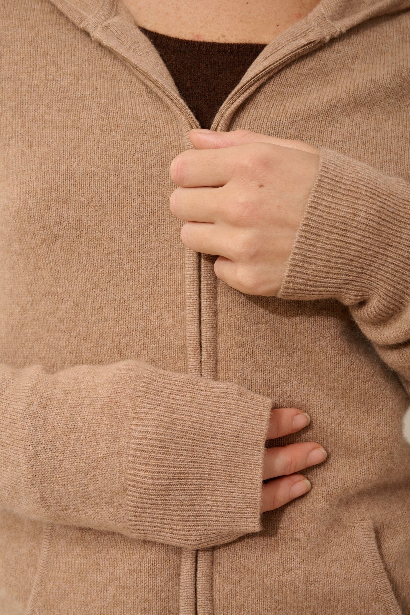 DEBBIE camel heathered zip-up hooded cardigan