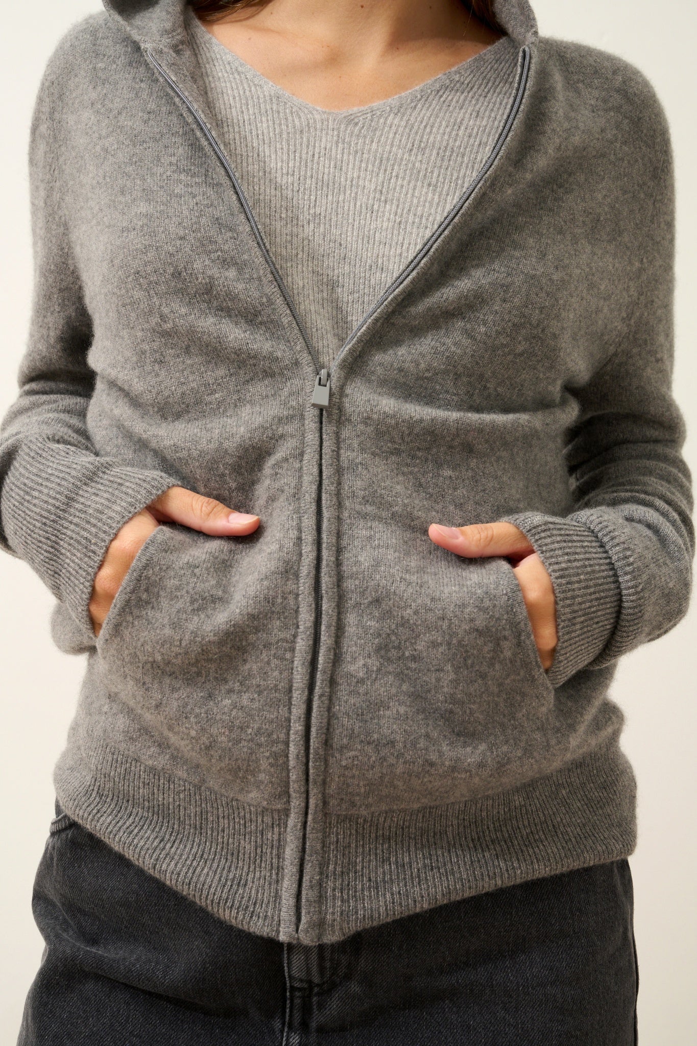 DEBBIE gilet col zippé capuche flanelle chiné