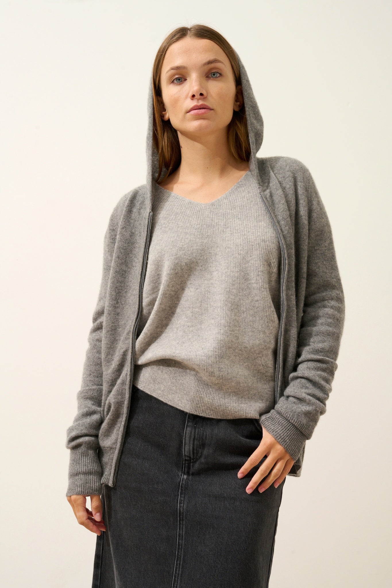 DEBBIE gilet col zippé capuche flanelle chiné