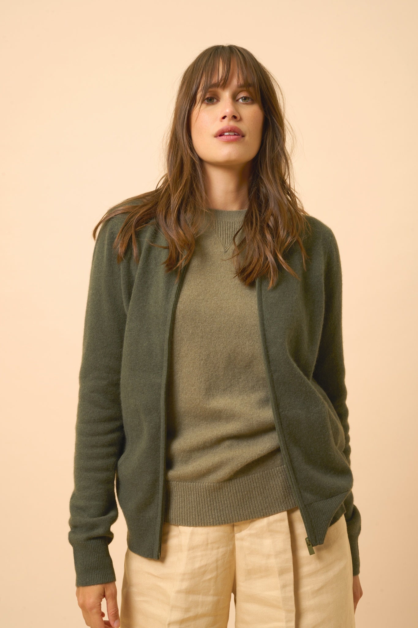 DEBBIE khaki hooded zip-neck cardigan
