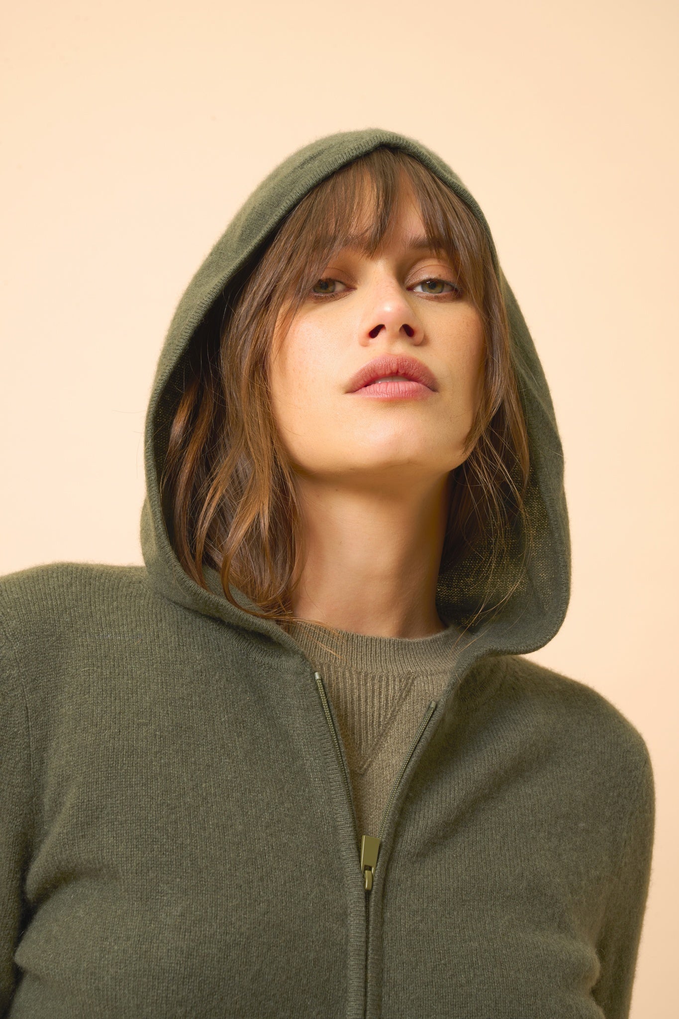 DEBBIE khaki hooded zip-neck cardigan