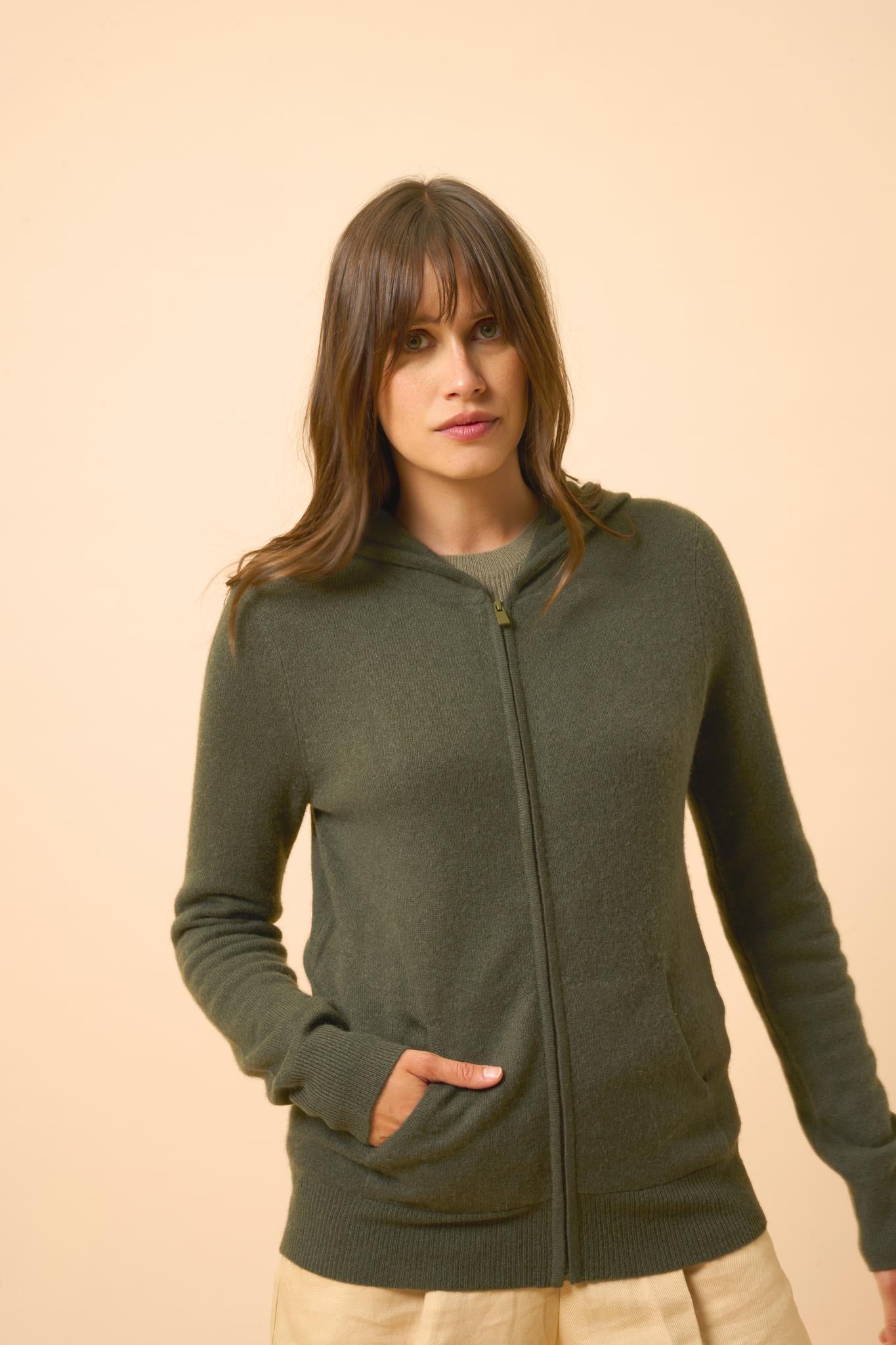 DEBBIE khaki hooded zip-neck cardigan