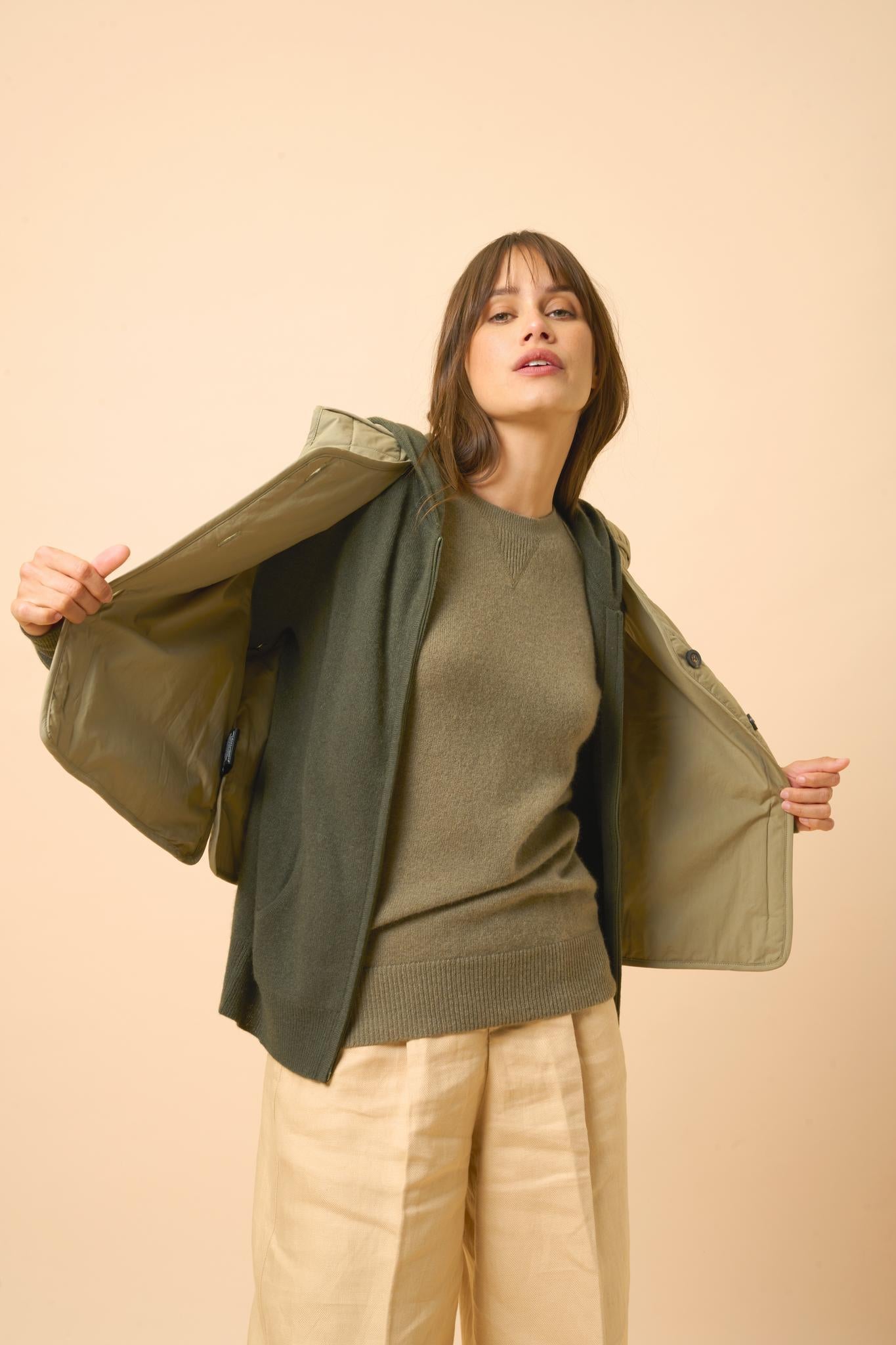 DEBBIE khaki hooded zip-neck cardigan