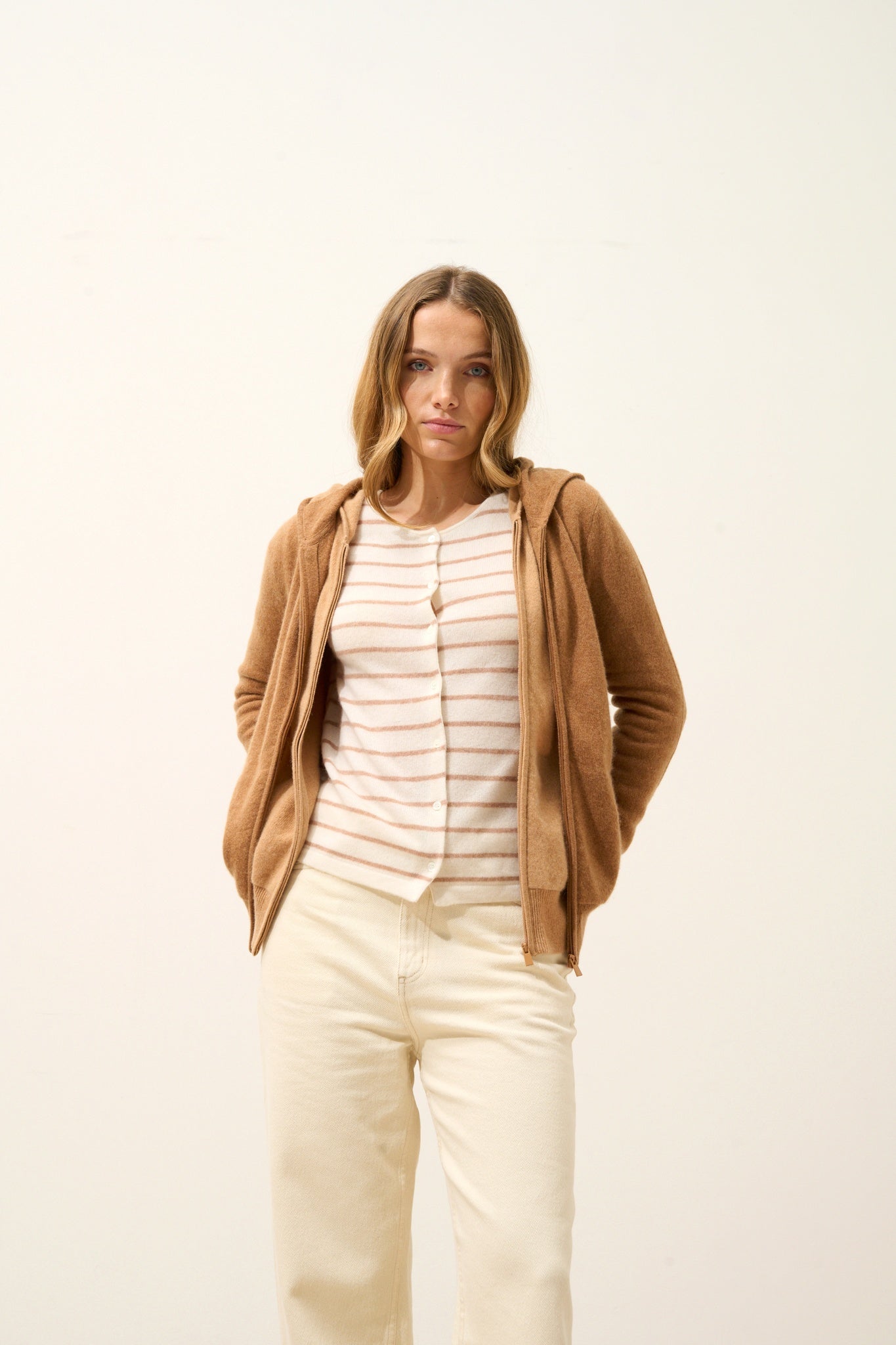 DEBBIE hazelnut hooded zip-neck cardigan