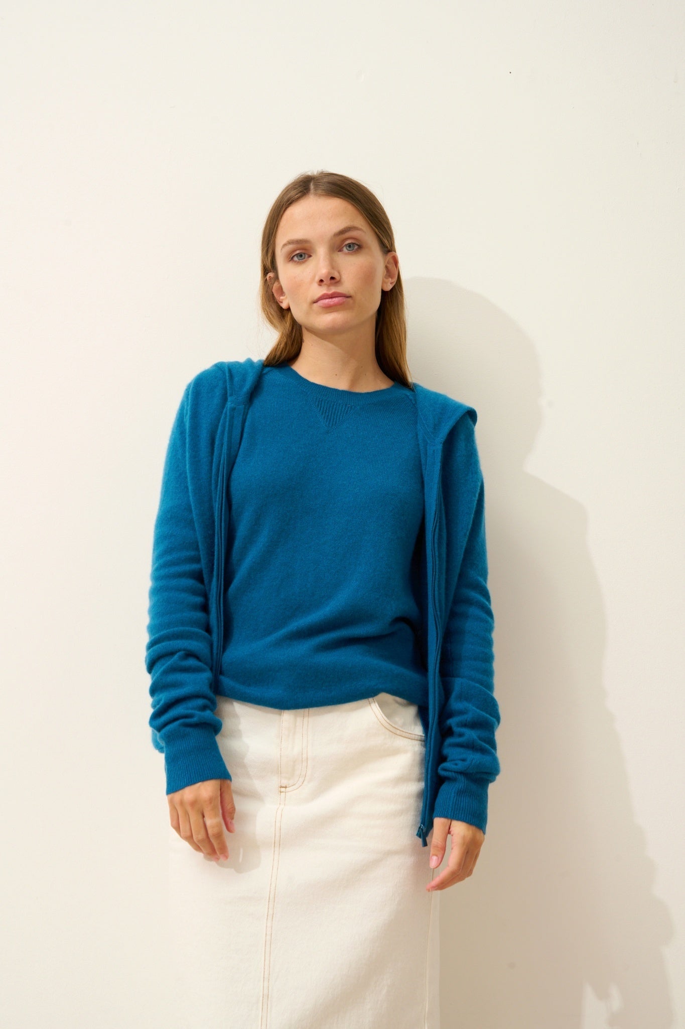 DEBBIE peacock hooded zip-neck cardigan