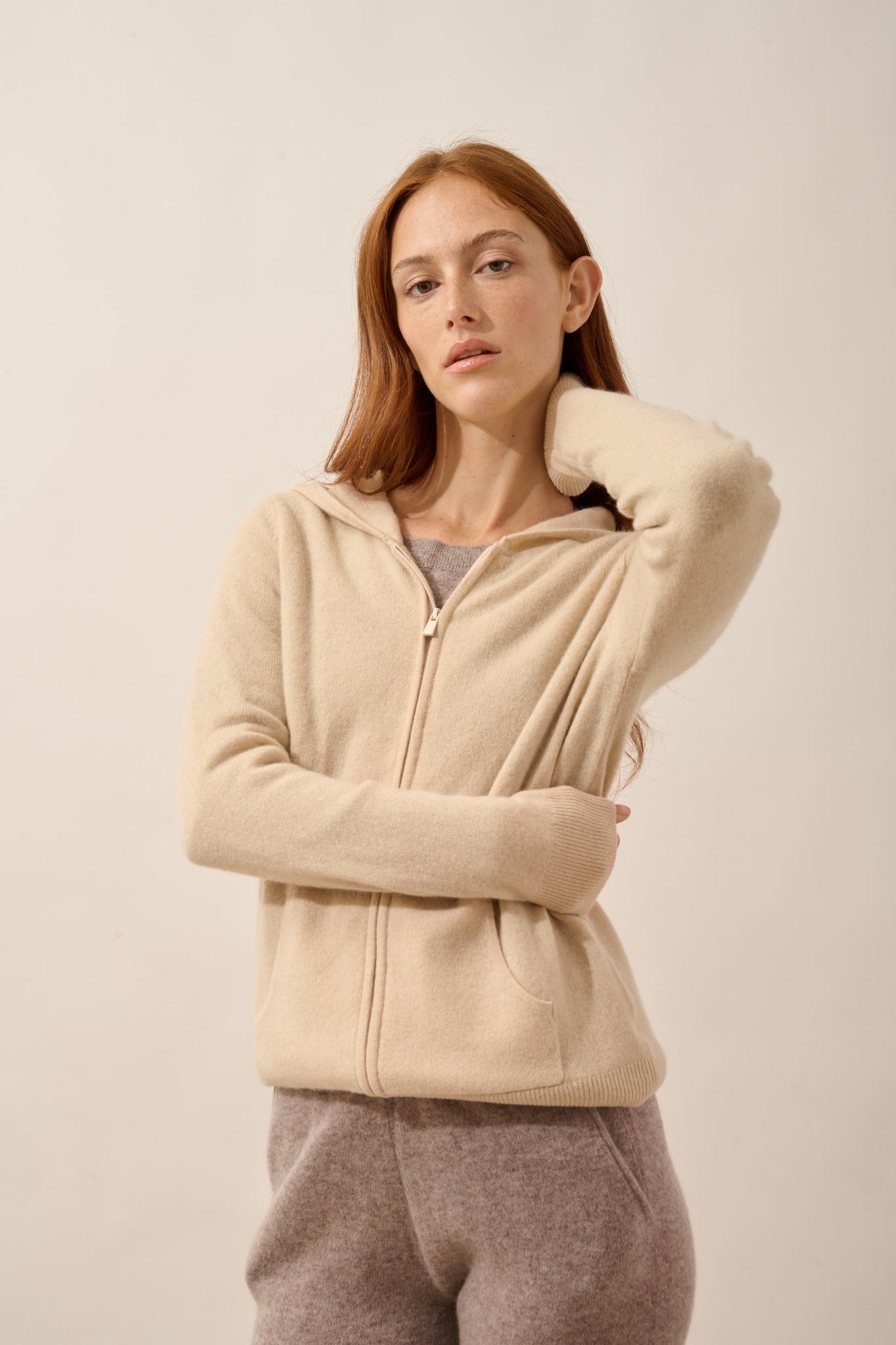 DEBBIE zip-up hooded cardigan in sand