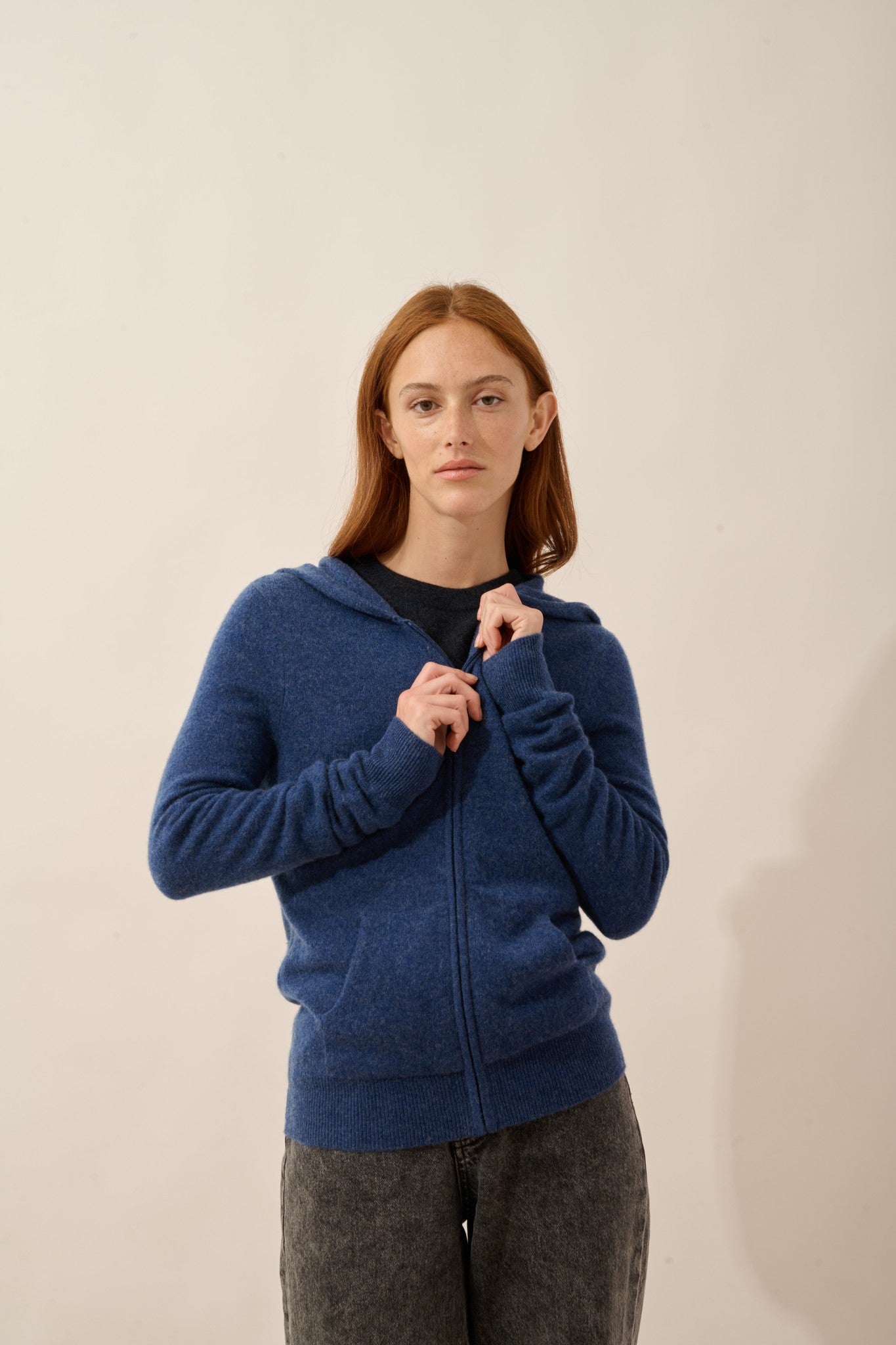 debbie gilet zippé capuche ocean chiné 100% cachemire