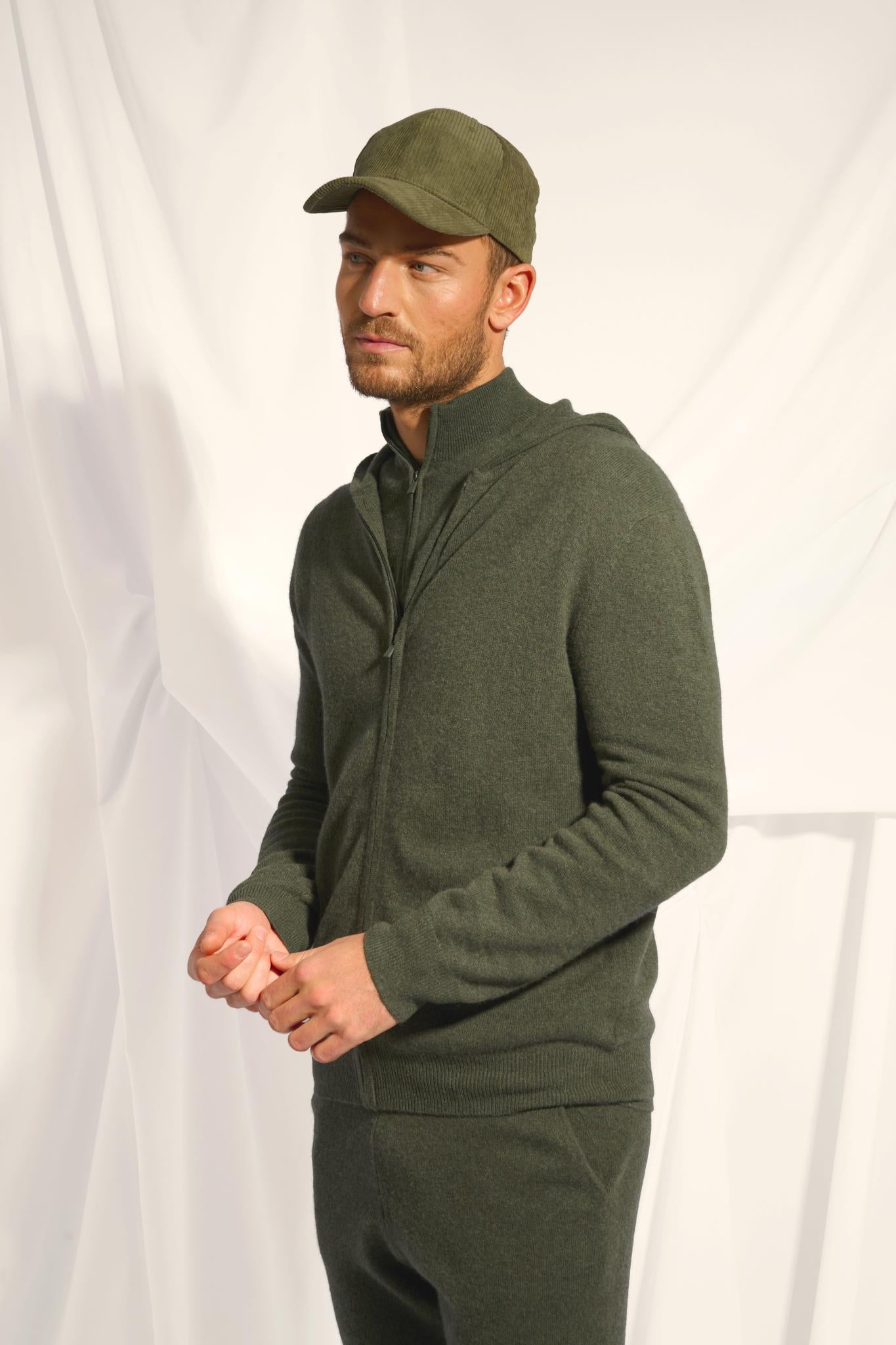 ELLIOT gilet col zippé capuche kaki chiné