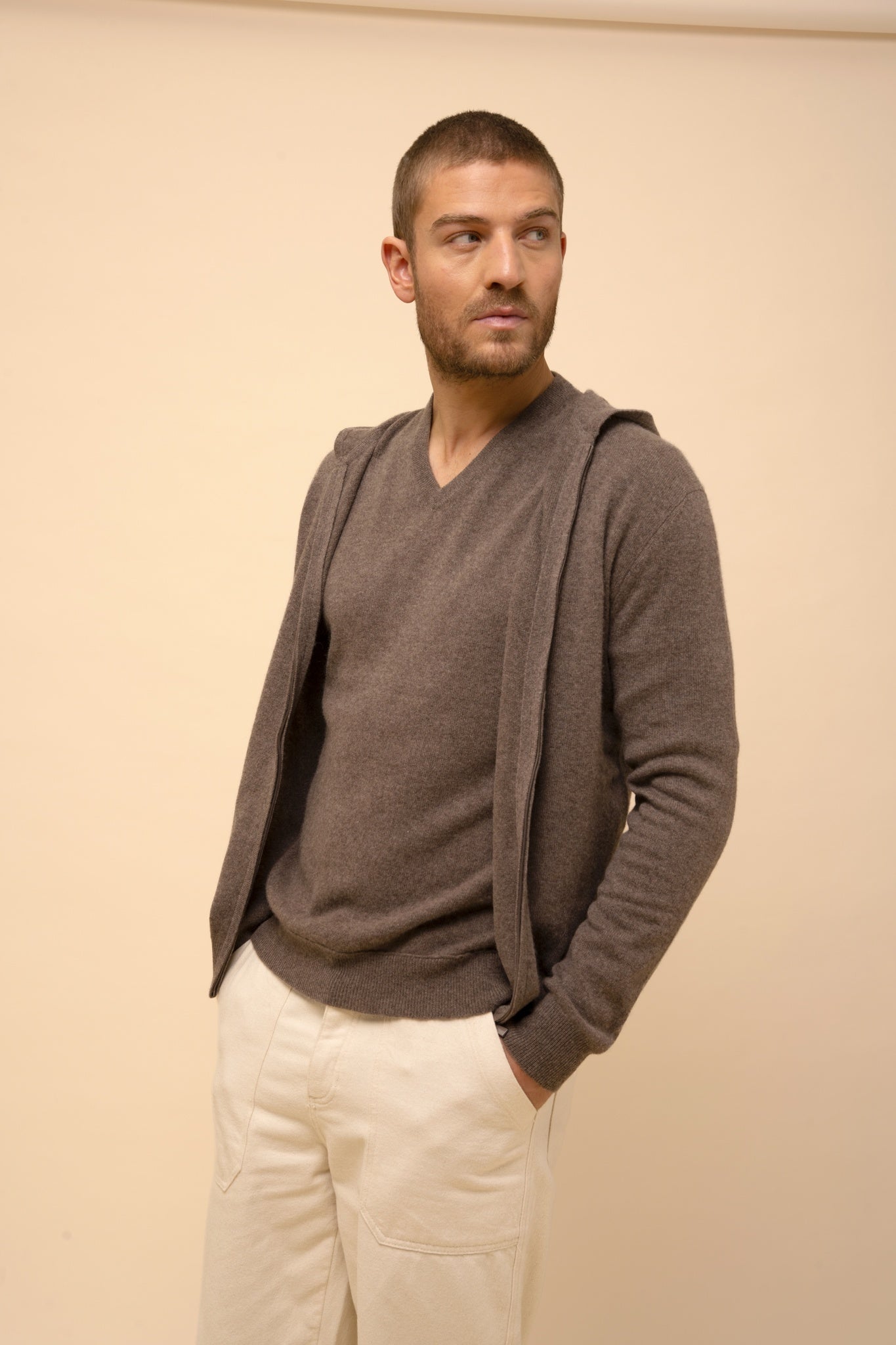 ELLIOT gilet col zippé capuche taupe chiné