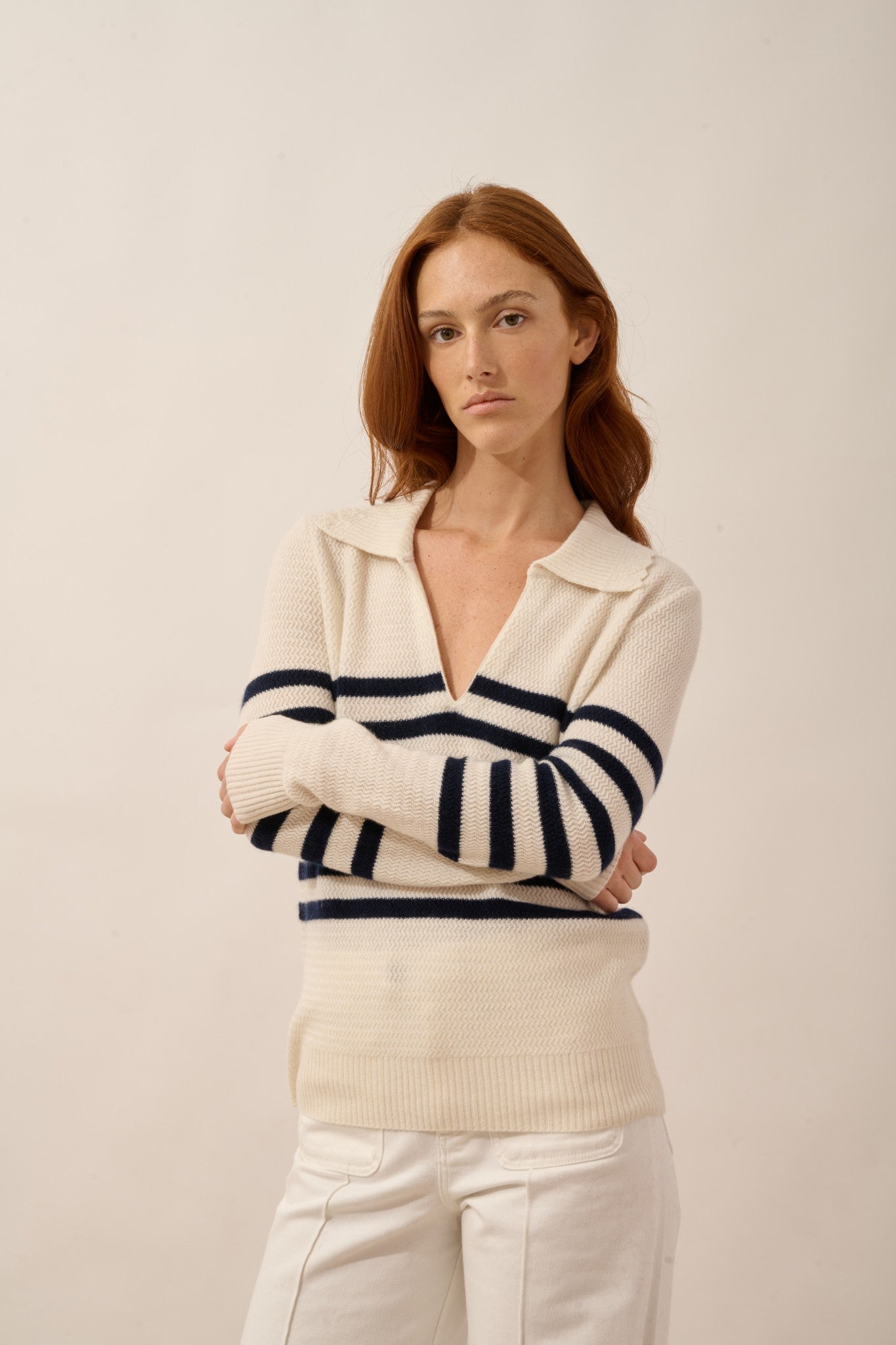 élyane pull col polo ouvert bi-color navy/ivoire