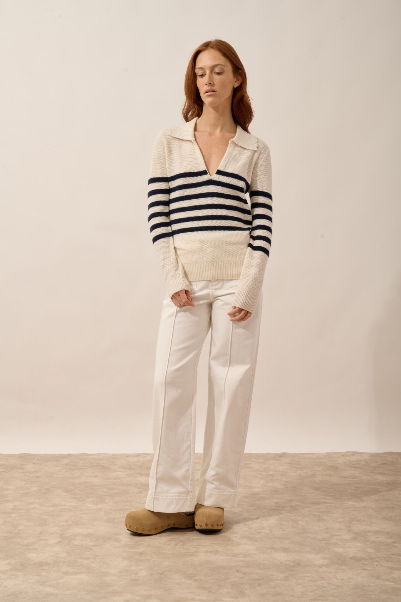 ÉLYANE pull col polo ouvert bi-color navy/ivoire