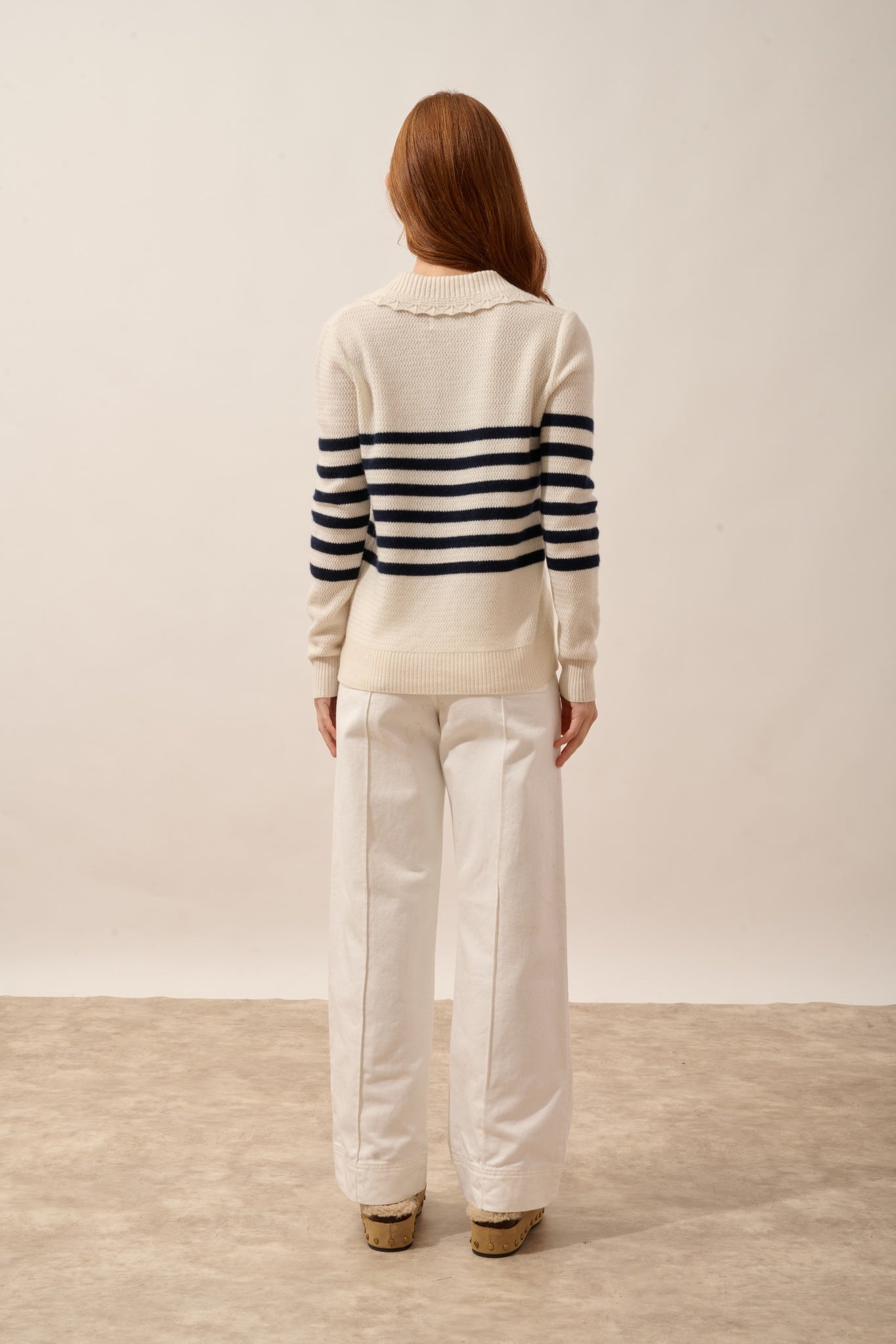 ÉLYANE pull col polo ouvert bi-color navy/ivoire