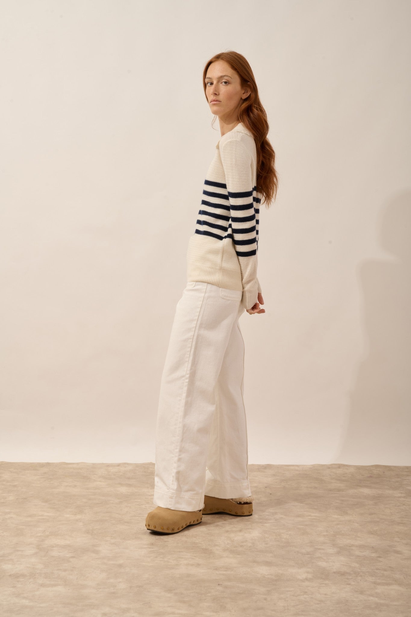 élyane pull col polo ouvert bi-color navy/ivoire