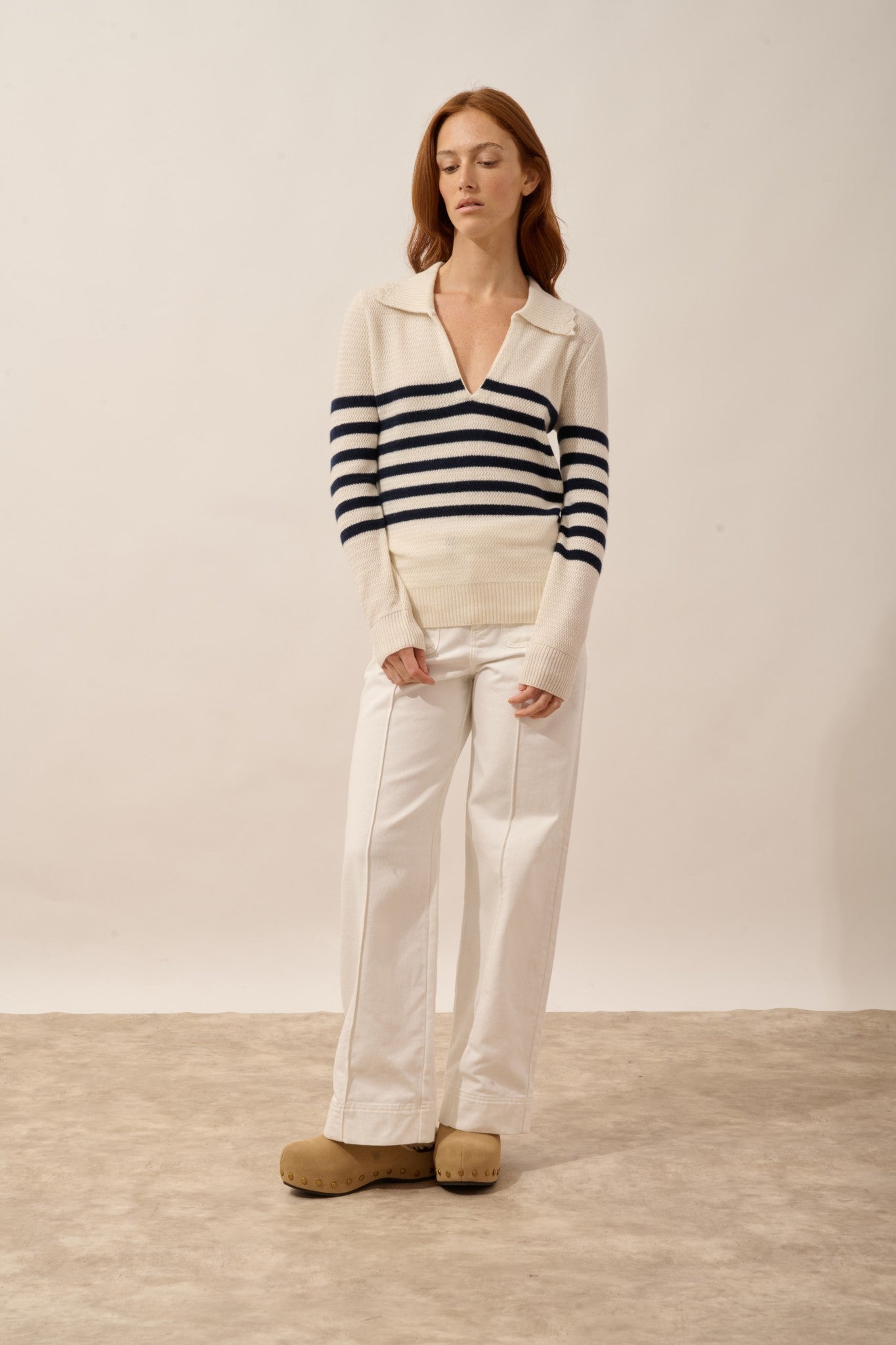 élyane pull col polo ouvert bi-color navy/ivoire