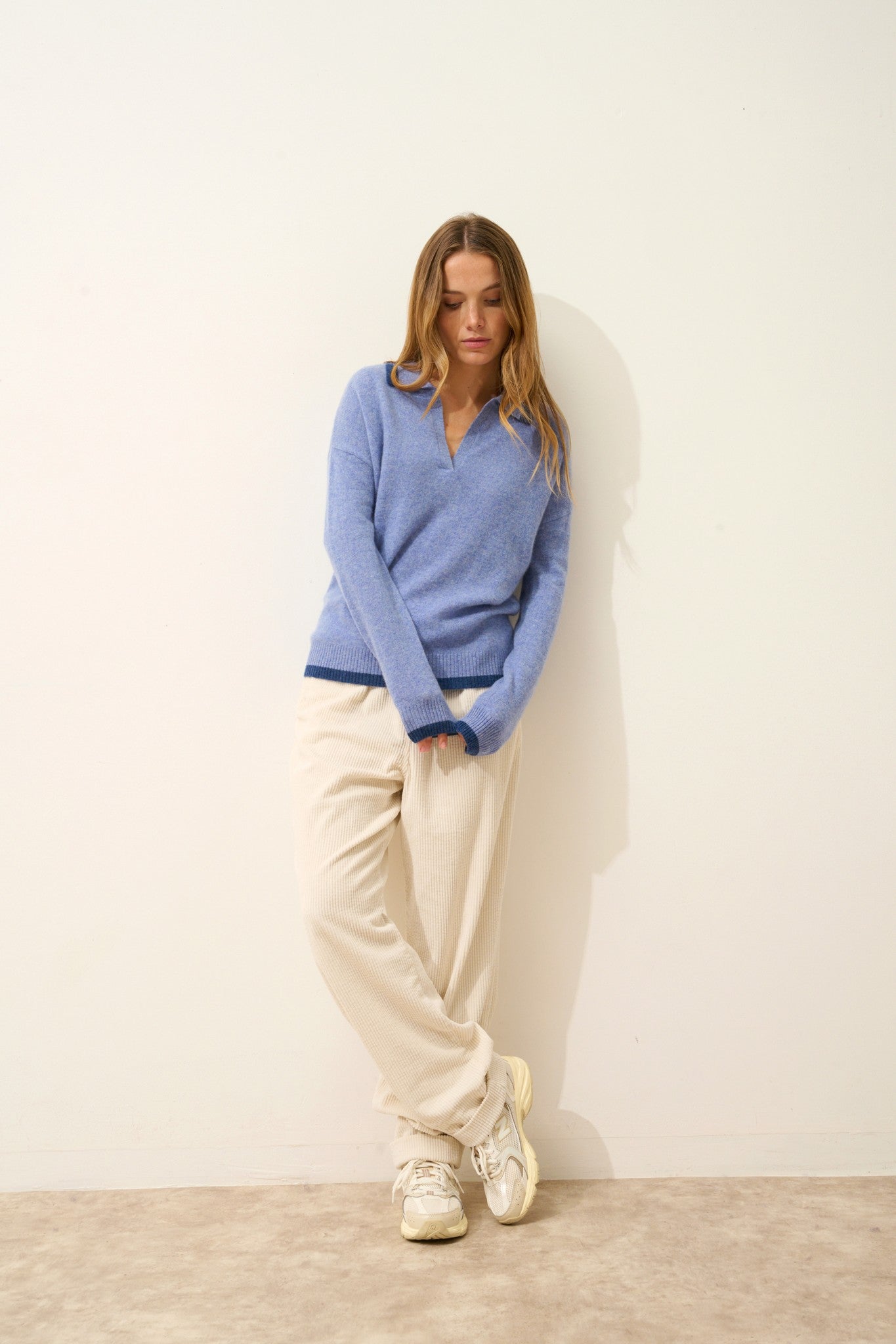 éoliane polo col v croisé bi-color sky chiné/ocean chiné 100% cachemire