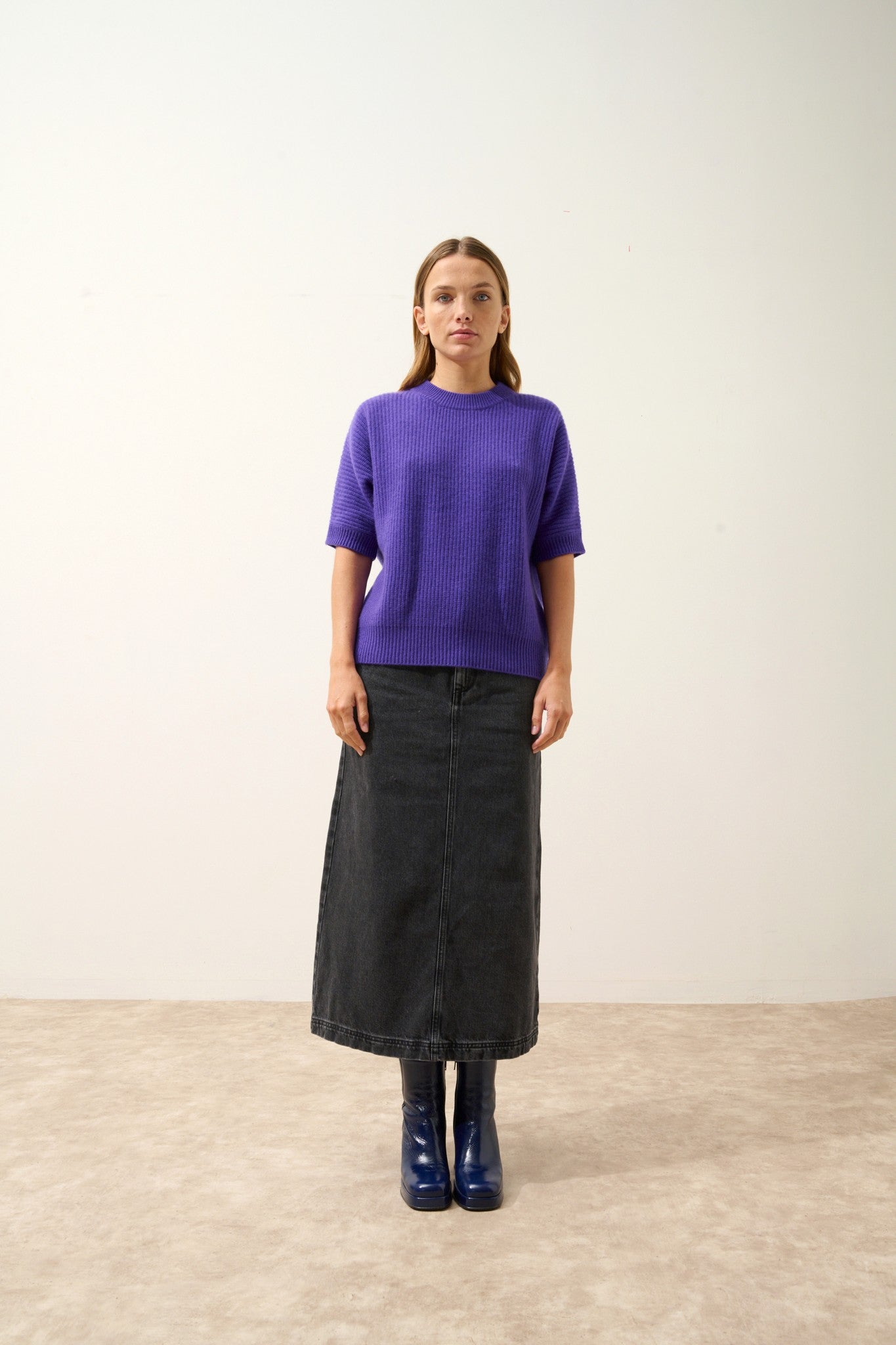 érina t-shirt col bateau chauve souris 4 fils améthyste 100% cachemire