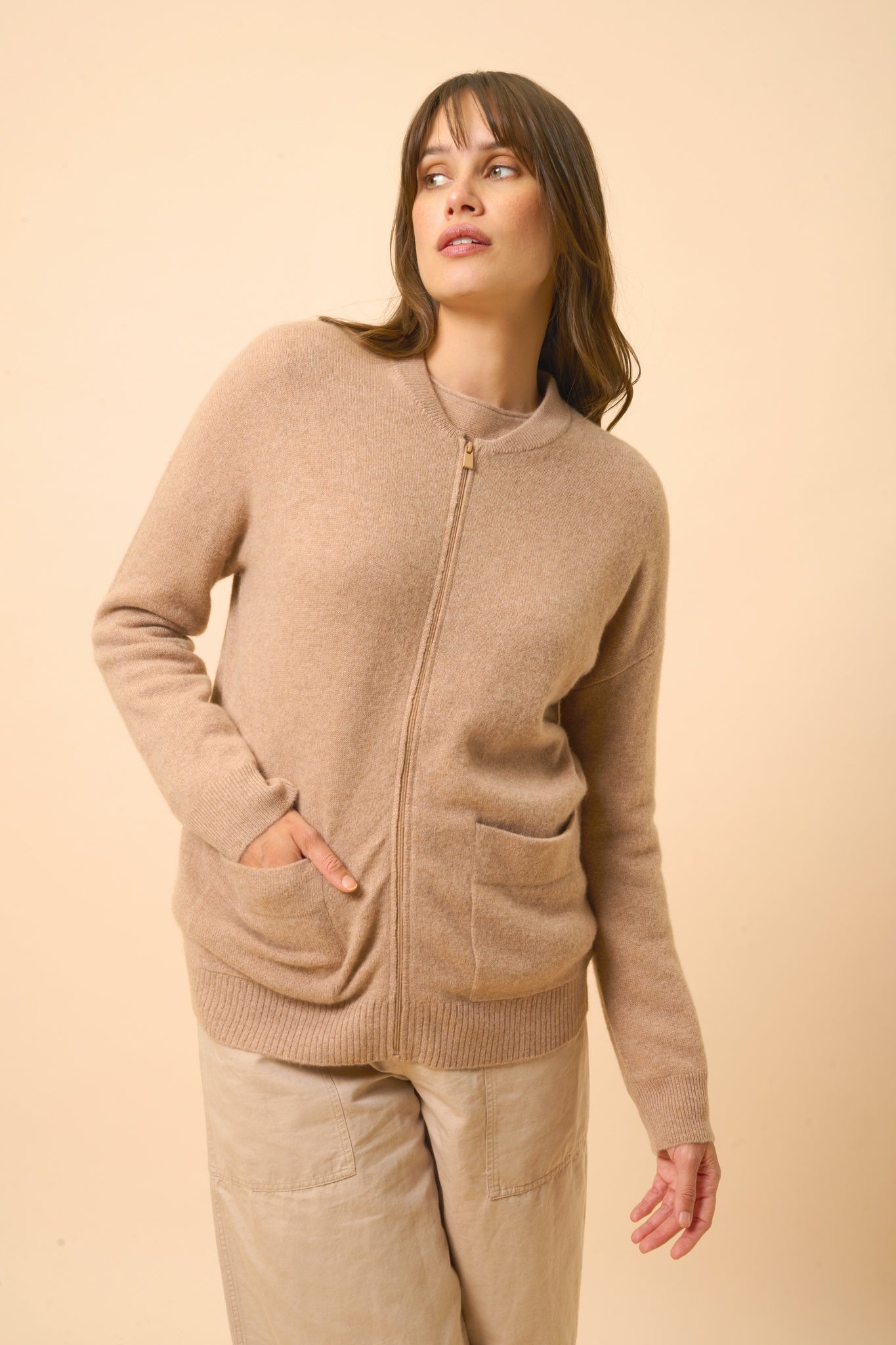 ERVIE mohair collar cardigan camel mottled