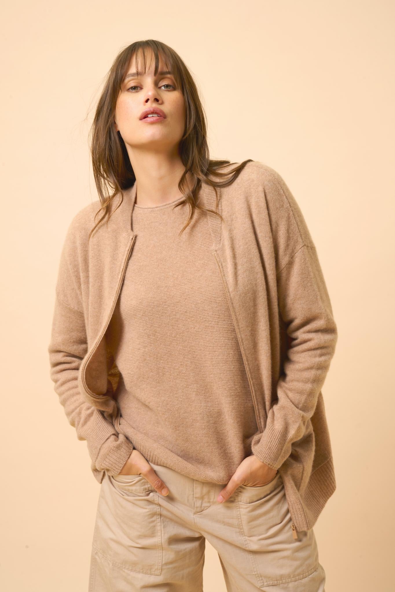 ERVIE gilet col mao camel chiné