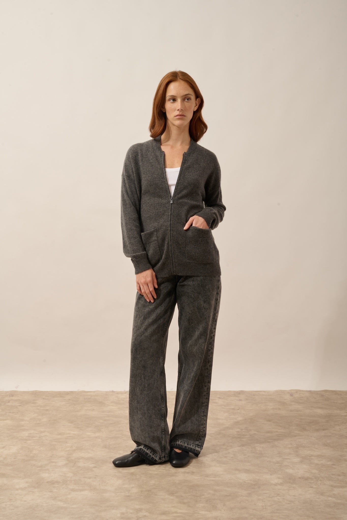ERVIE anthracite heathered zip-up cardigan with mandarin collar