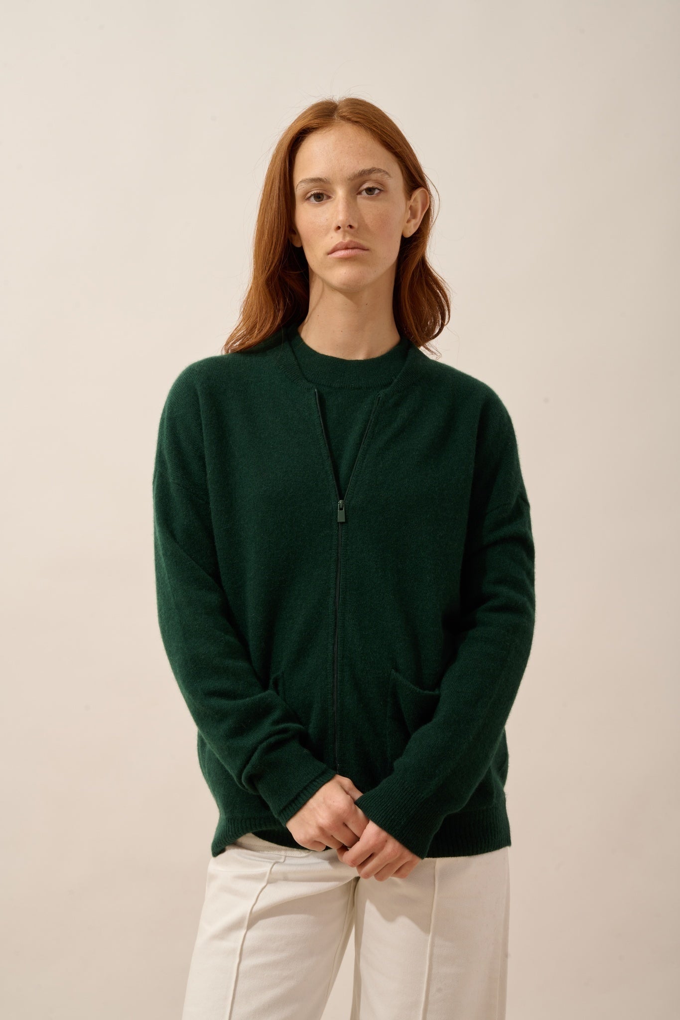 ERVIE zip-up cardigan with mandarin collar in cypress green
