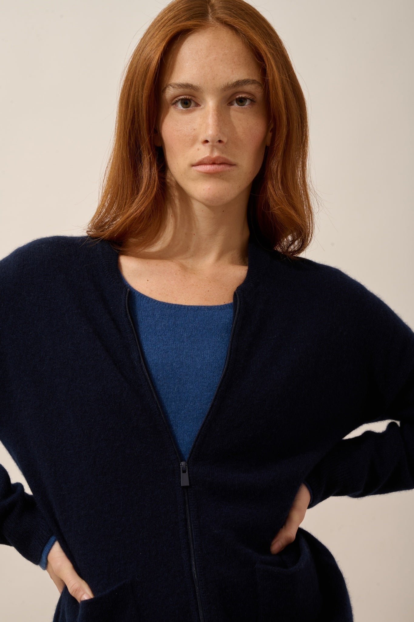 ERVIE navy zip-up cardigan with mandarin collar