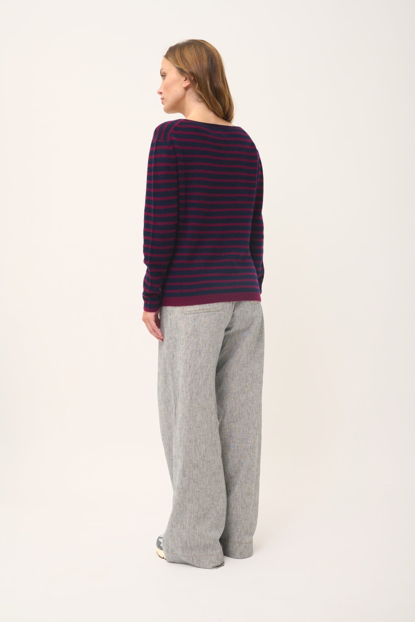 FIONA boat neck sweater with navy/burgundy stripes