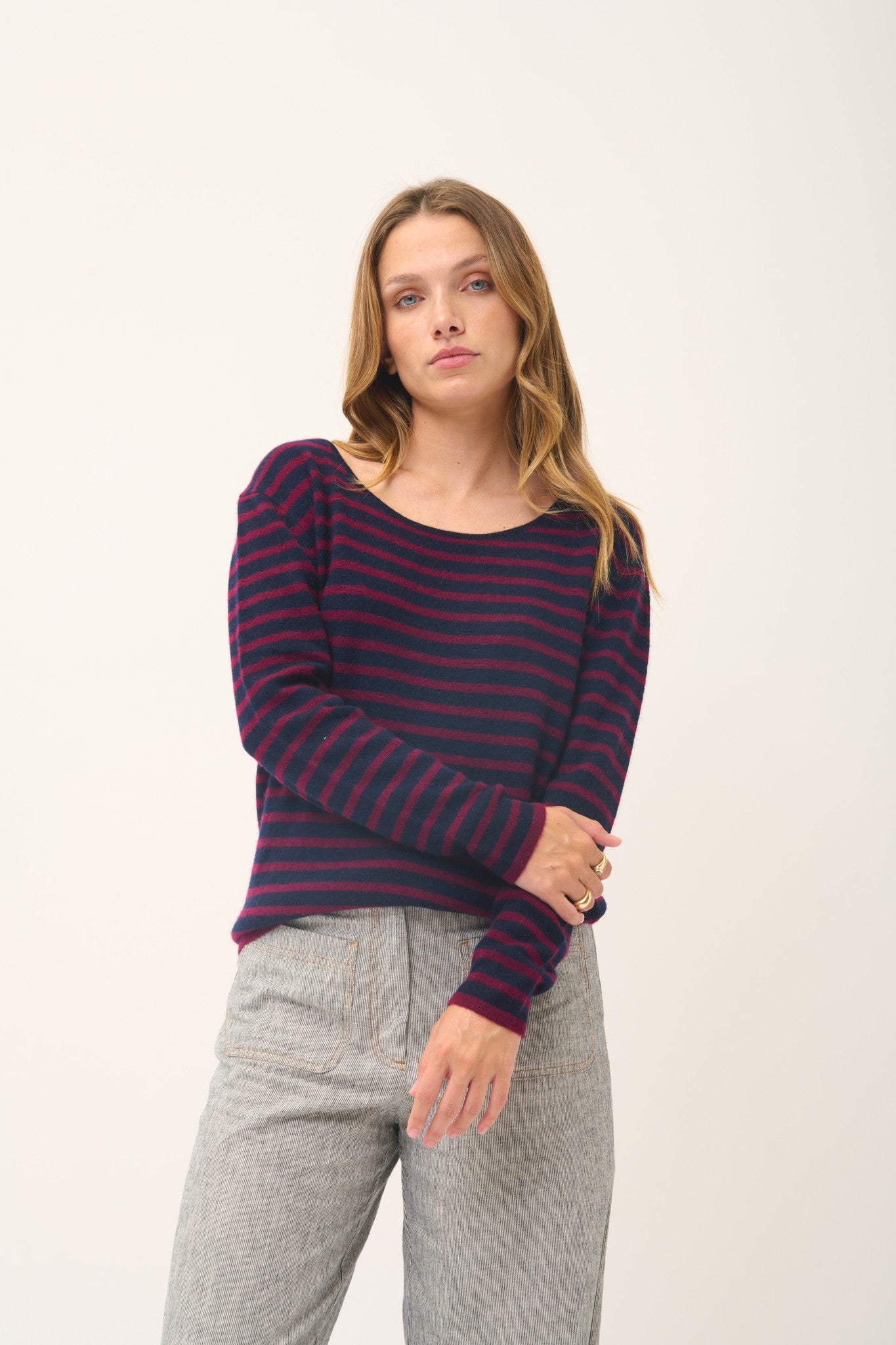 fiona pull col bateau rayures navy/ burgundy