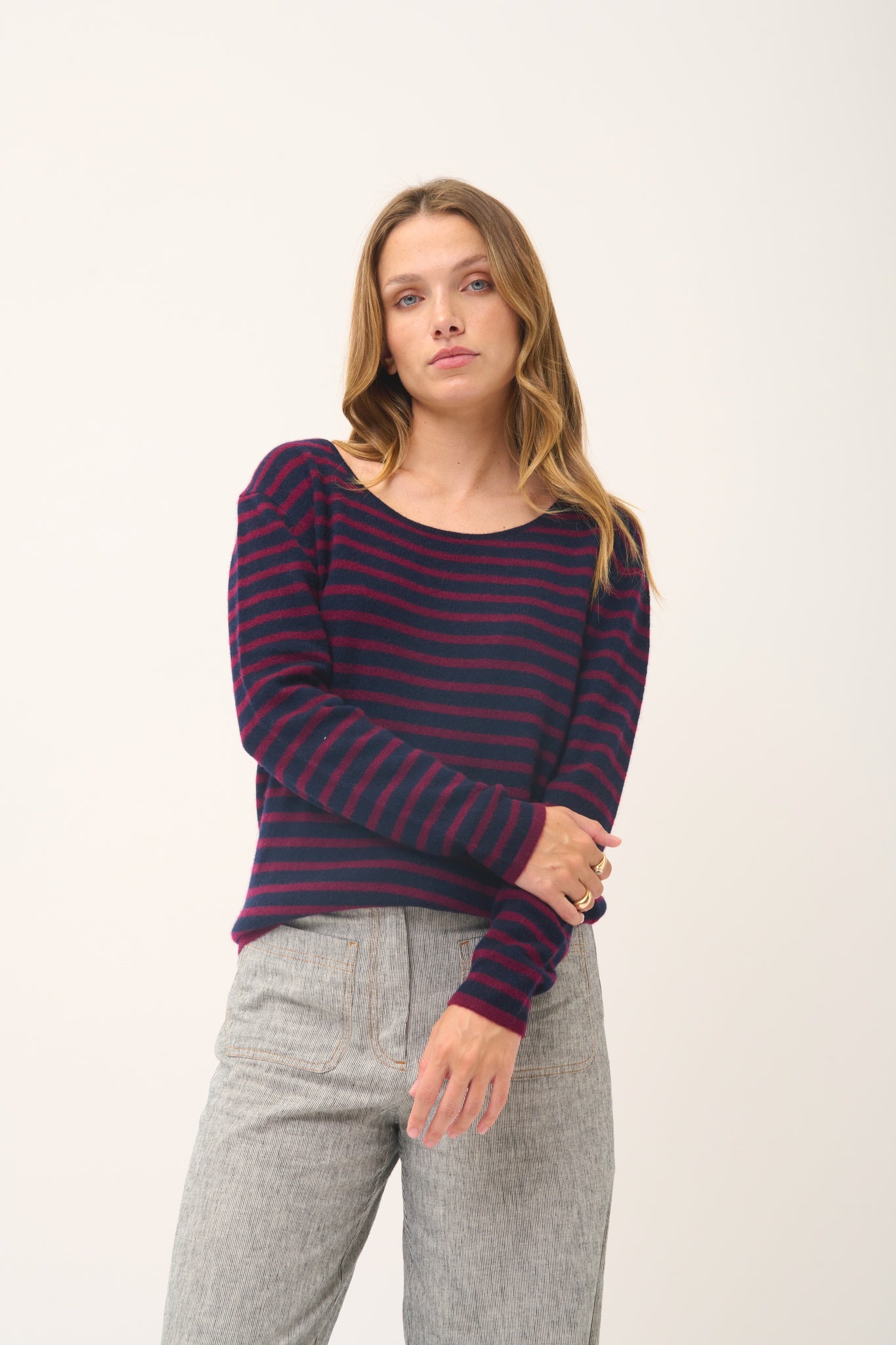 FIONA boat neck sweater with navy/burgundy stripes