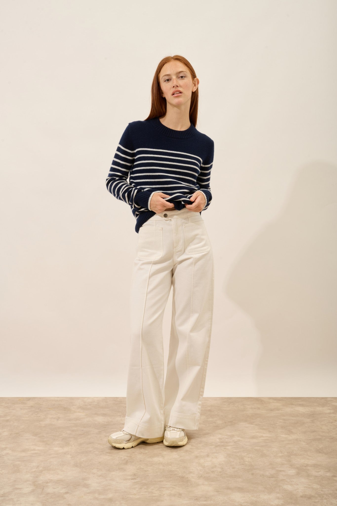 fiora pull col rond 4 fils bi-color navy/ivoire 100% cachemire