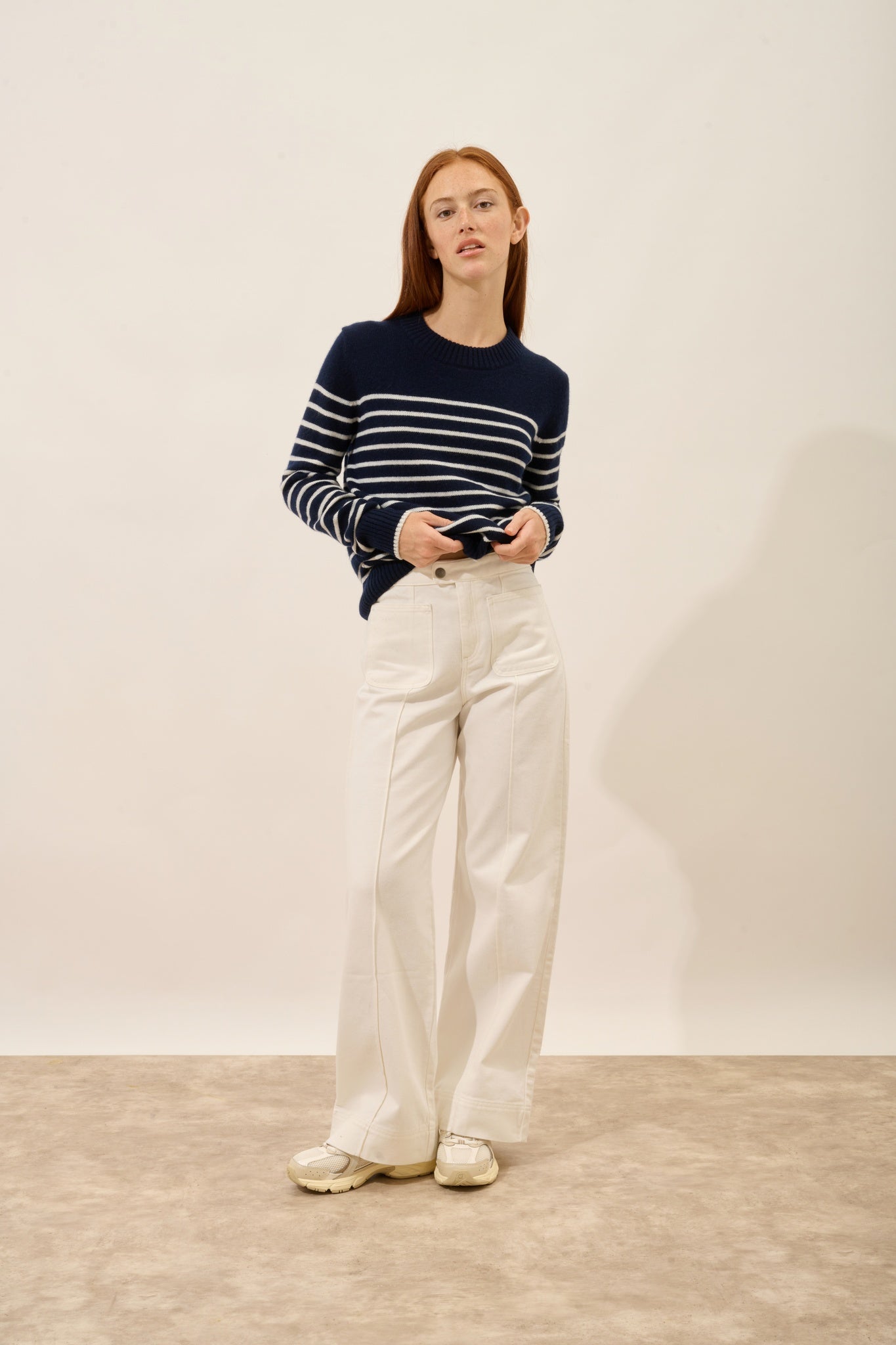 FIORA pull col rond 4 fils bi-color navy/ivoire