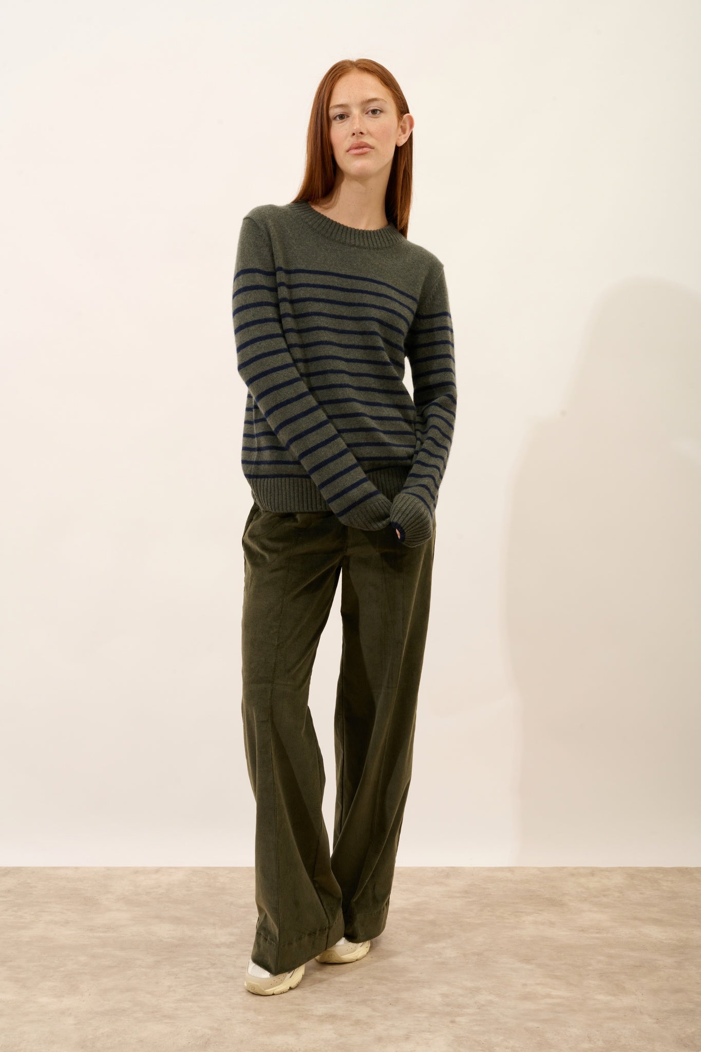 FIORA round neck sweater, 4-ply, two-tone navy/khaki heather