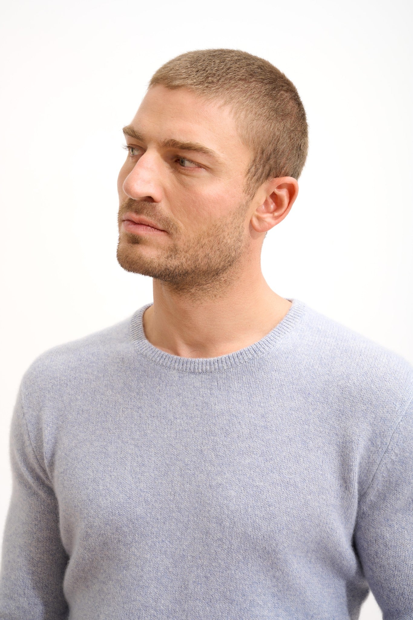 gabin pull col rond 4 fils bleu ivoire 100% cachemire