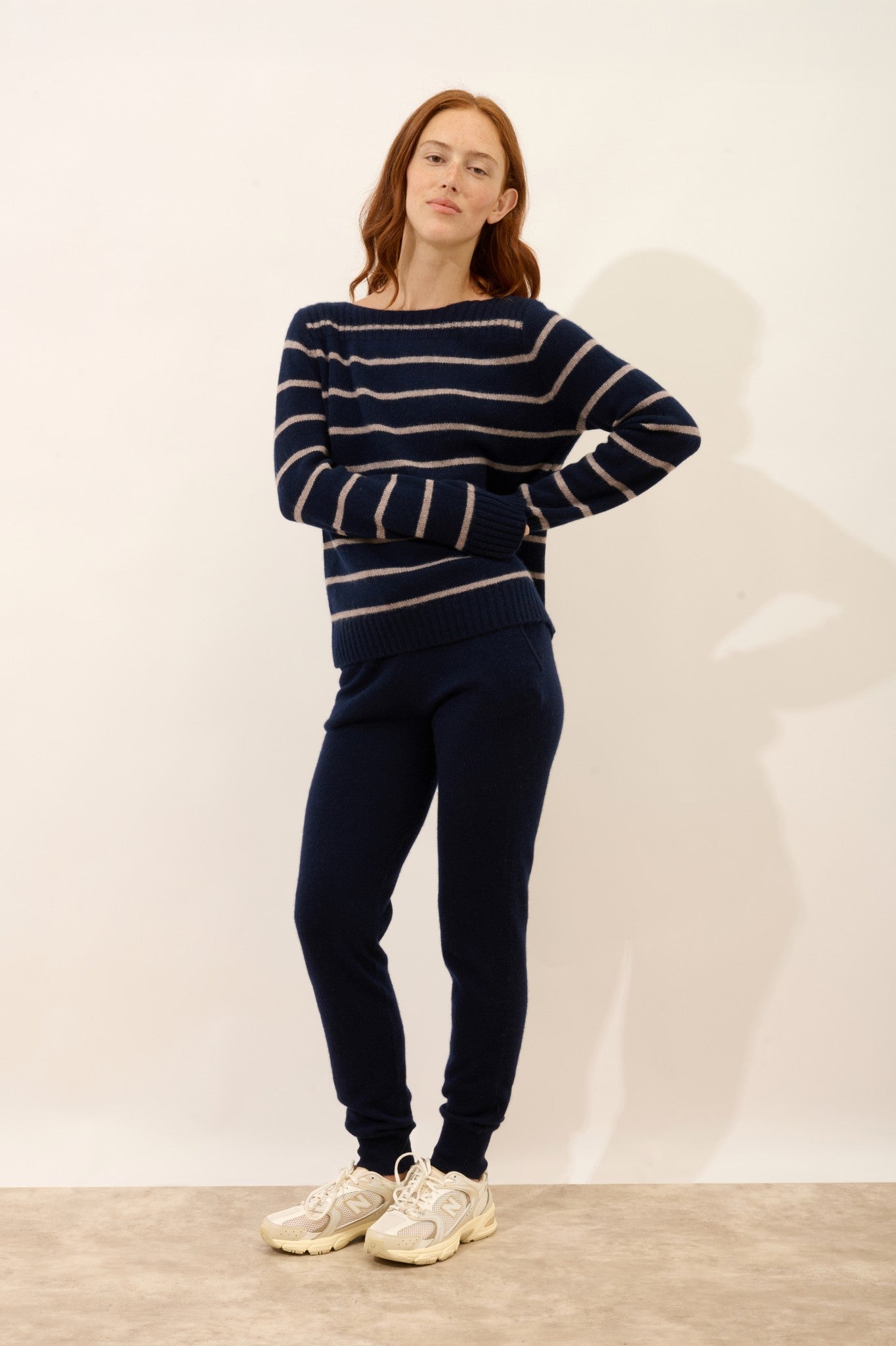 gaïa pull col bateau 4 fils bi-color navy/caribou chiné 100% cachemire