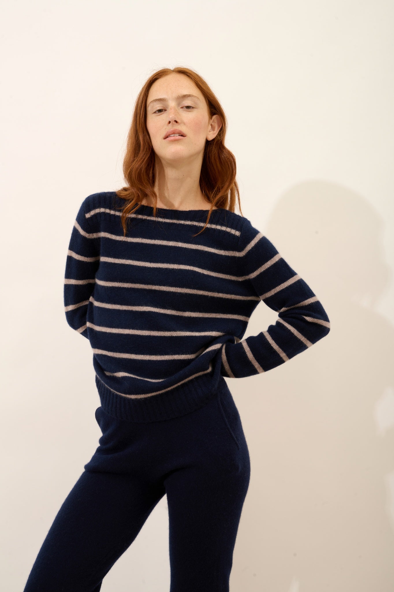 GAÏA boat neck sweater, 4-ply, two-tone navy/heathered caribou