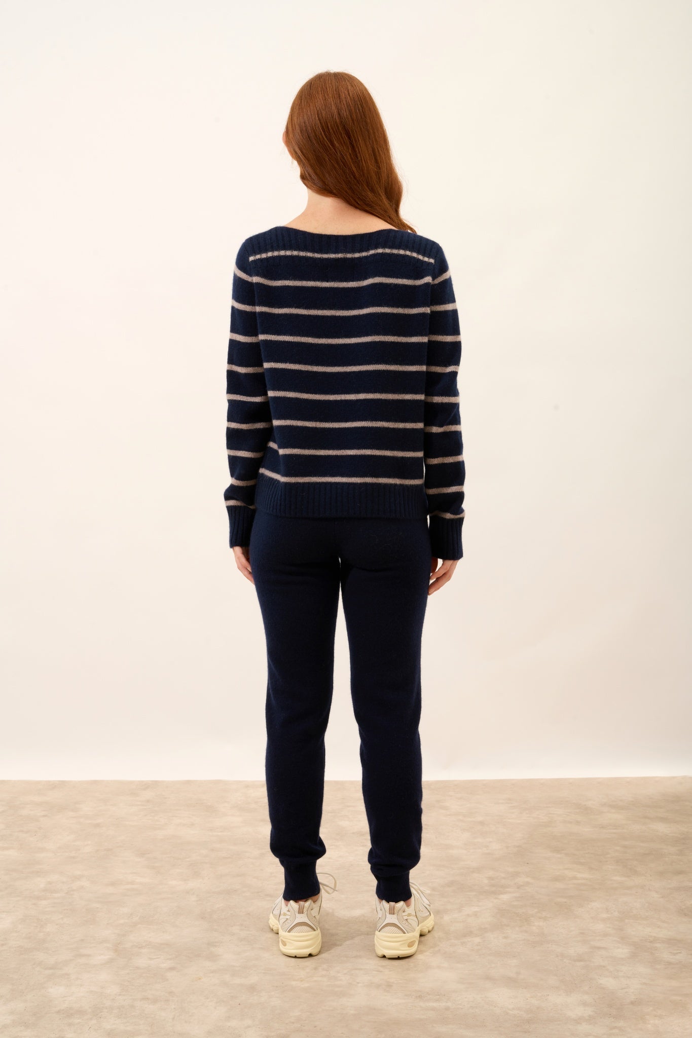 GAÏA boat neck sweater, 4-ply, two-tone navy/heathered caribou