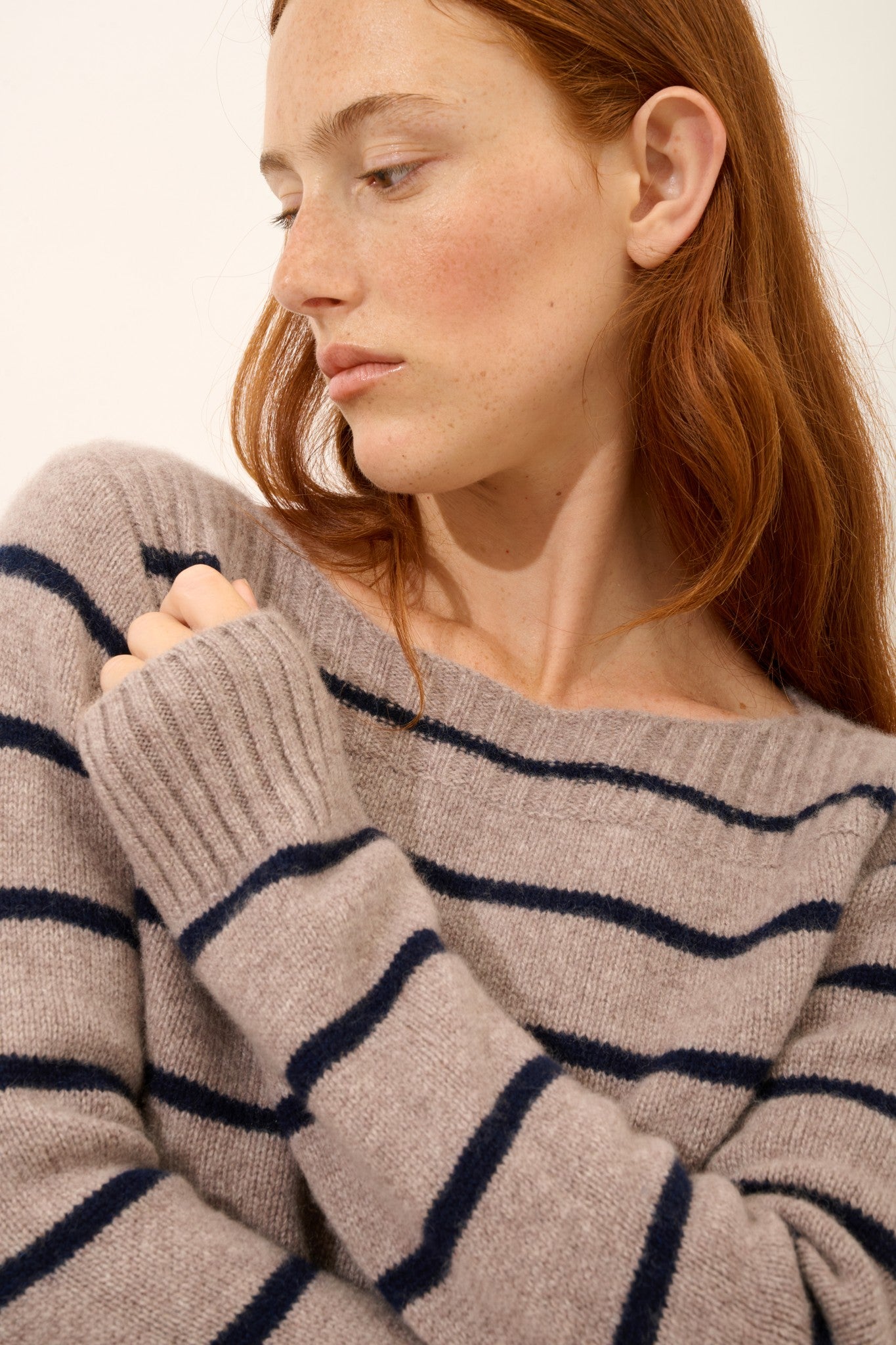 gaïa pull col bateau 4 fils bi-color navy/caribou chiné 100% cachemire