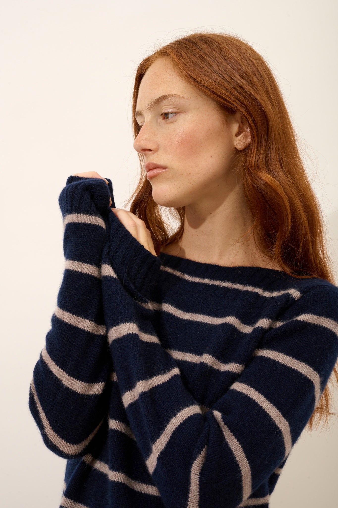 GAÏA boat neck sweater, 4-ply, two-tone navy/heathered caribou