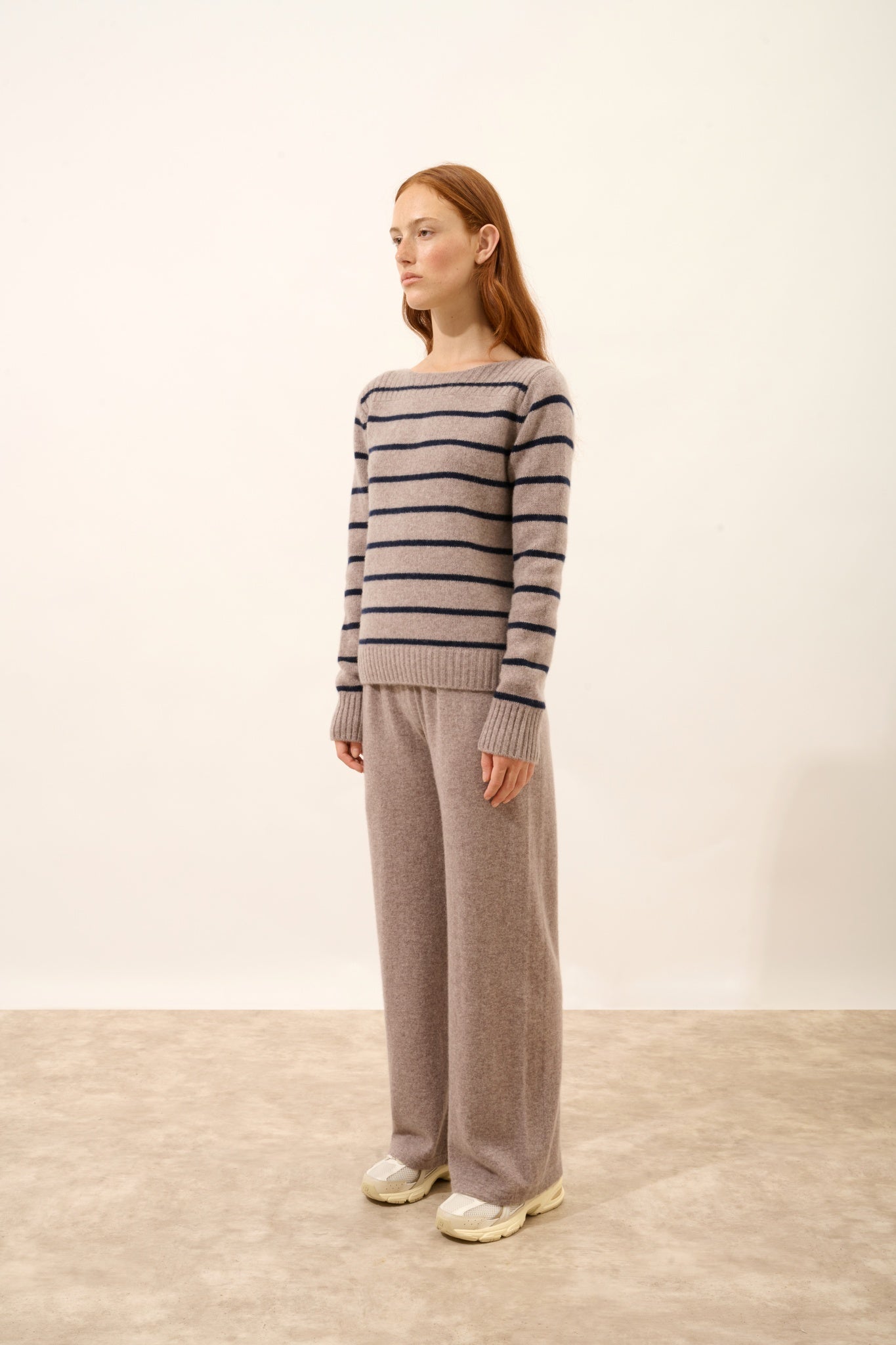 GAÏA boat neck sweater, 4-ply, two-tone navy/heathered caribou