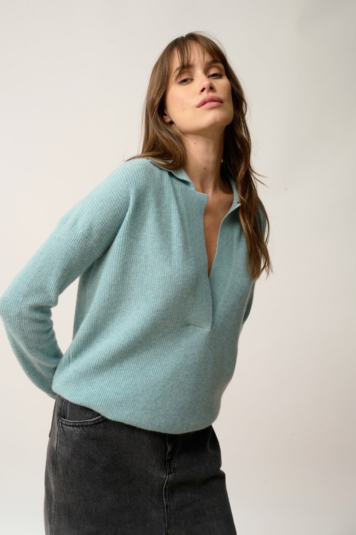 GARCIA polo col v aqua chiné