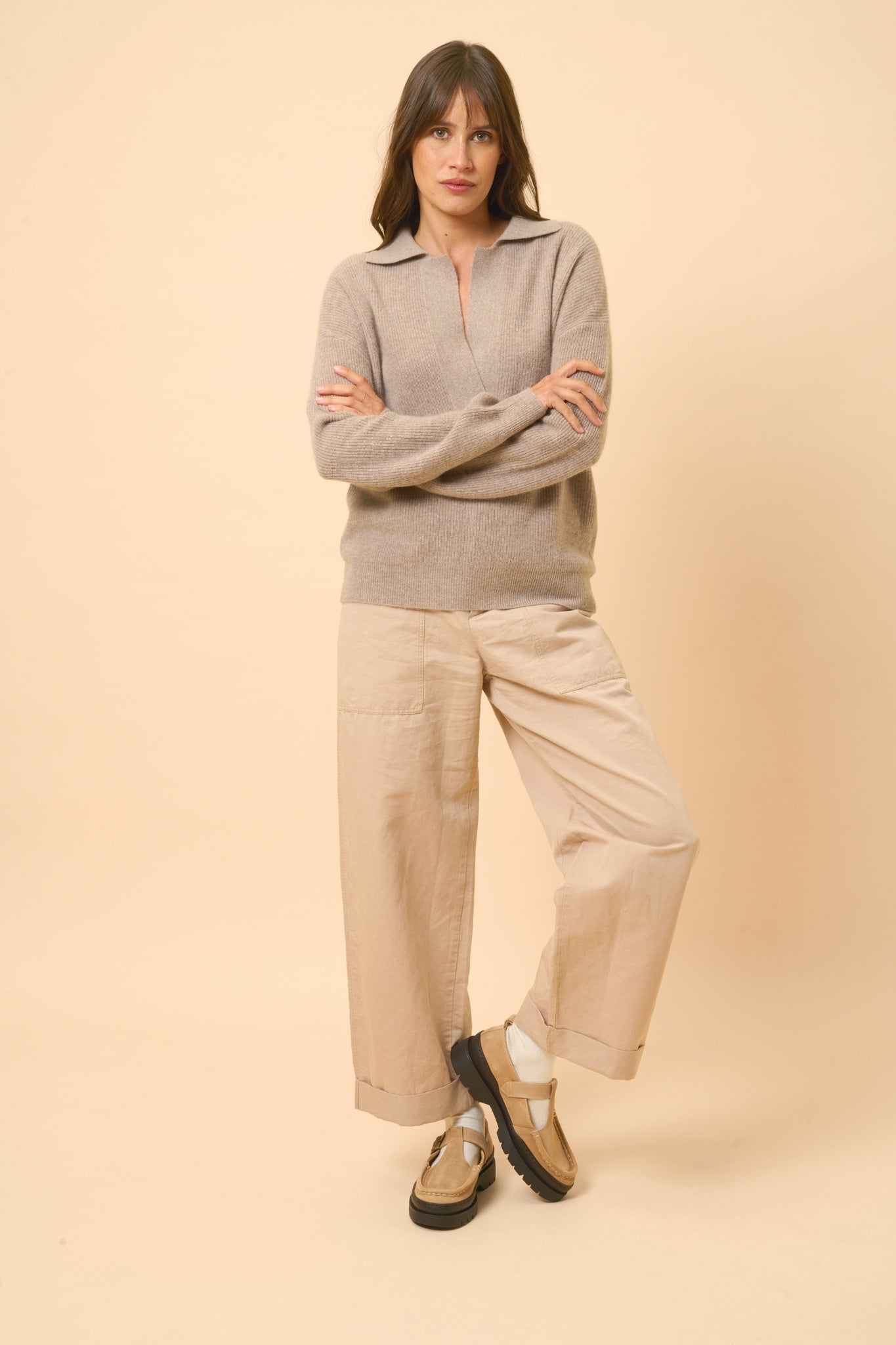 GARCIA polo col v taupe chiné