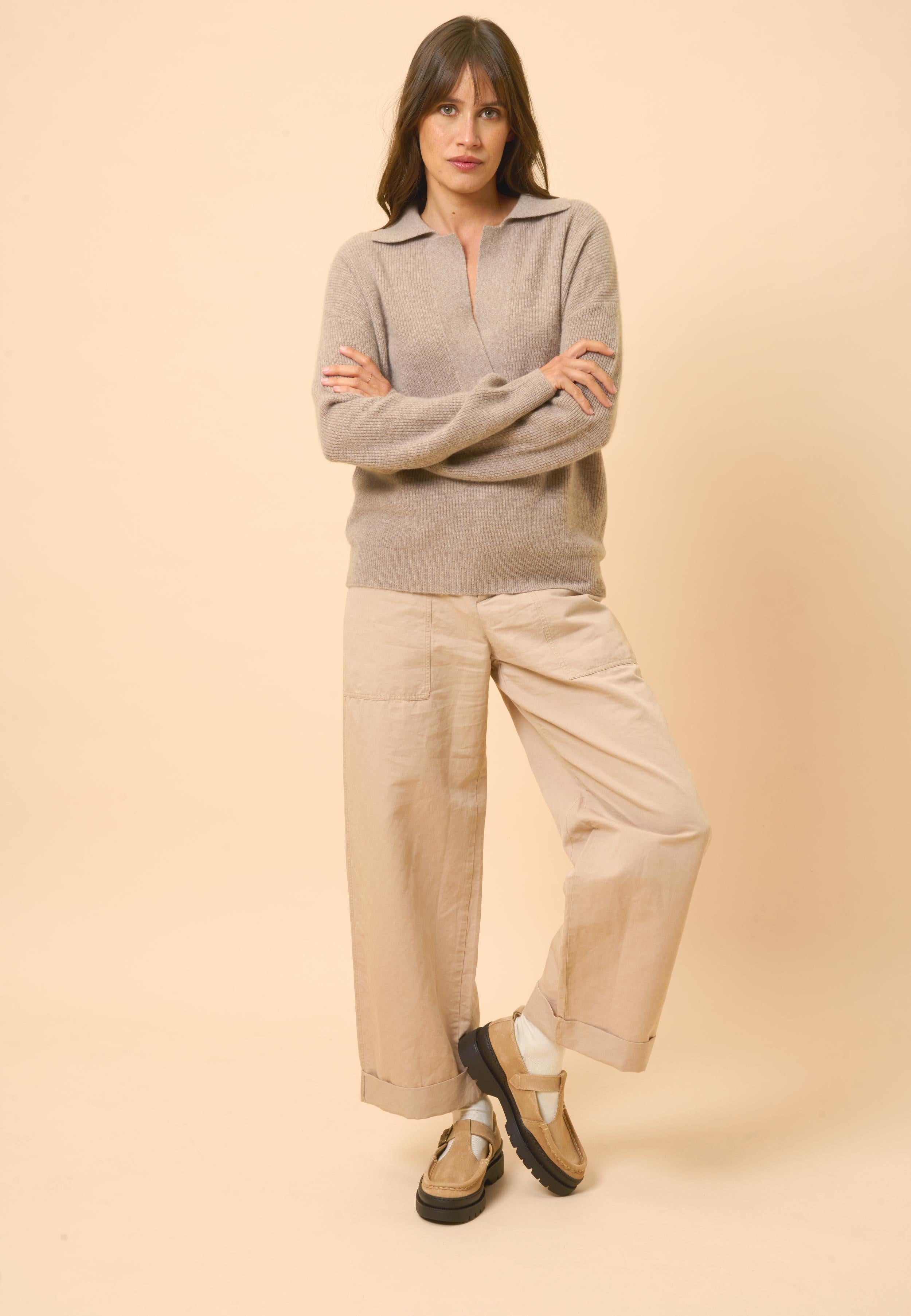 GARCIA polo col v taupe chiné
