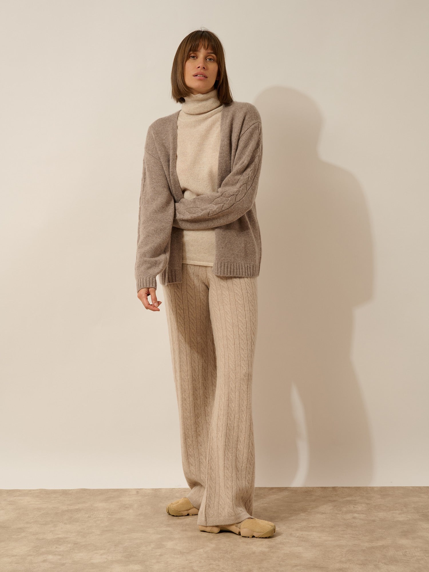 Genevieve V-neck cardigan, 6-ply heathered caribou