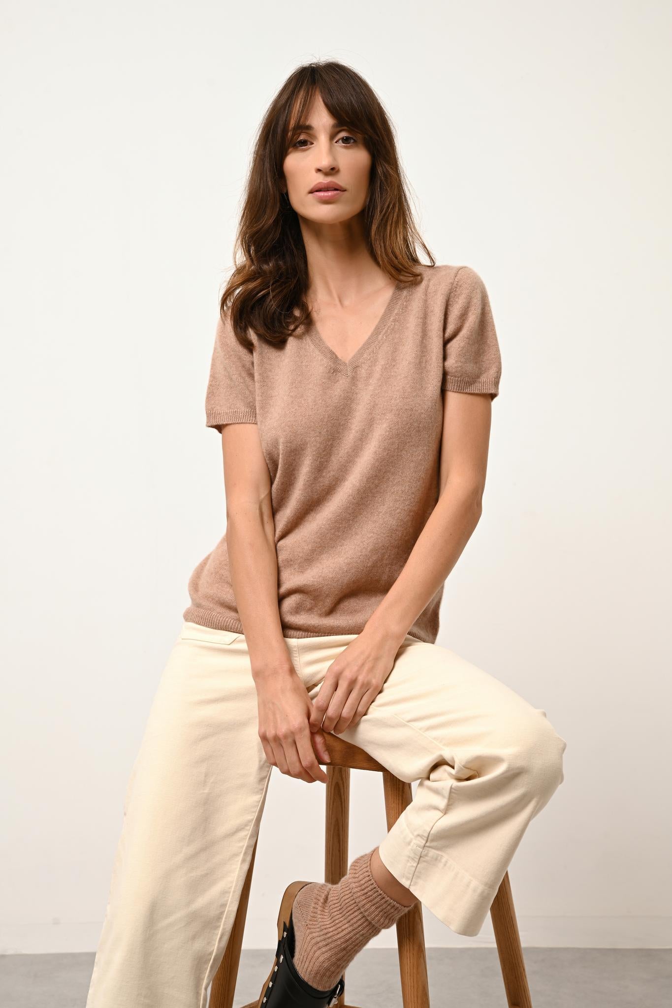 GLAMIS t-shirt col v camel chiné