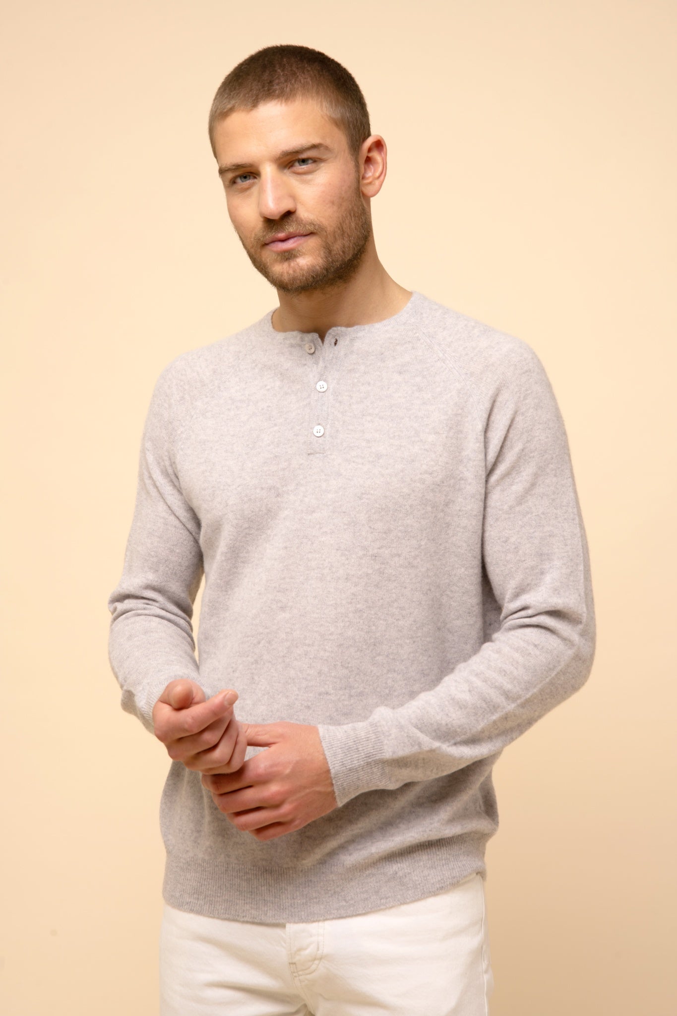 GUZMAN pull col tunisien gris clair chiné