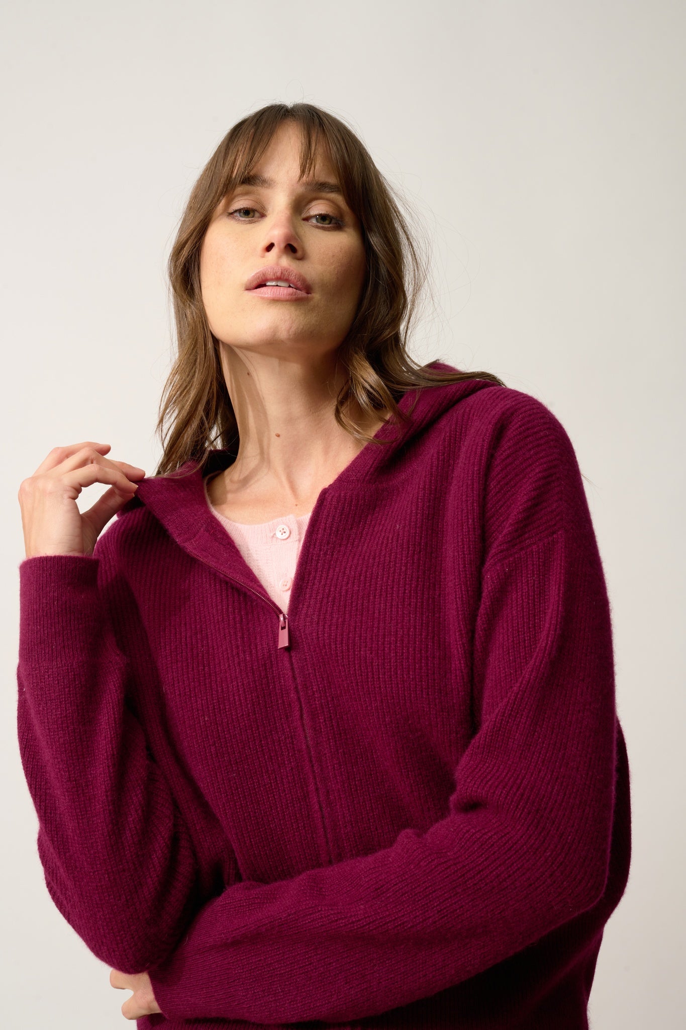 HELGA burgundy hooded zip-neck cardigan