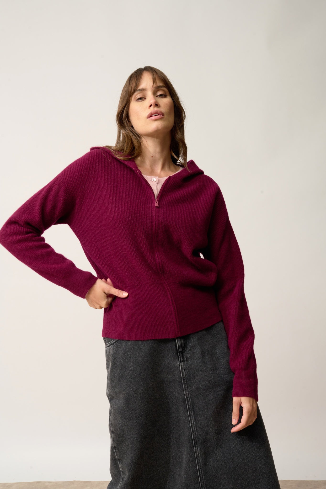 HELGA burgundy hooded zip-neck cardigan