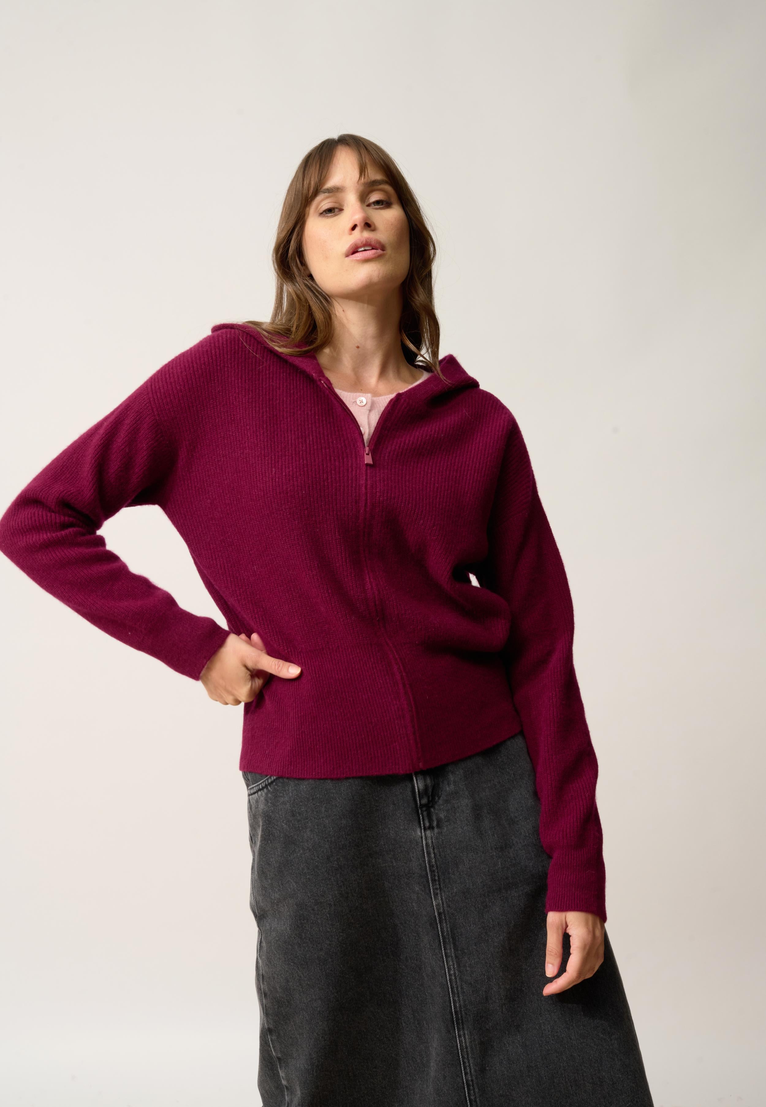 HELGA burgundy hooded zip-neck cardigan