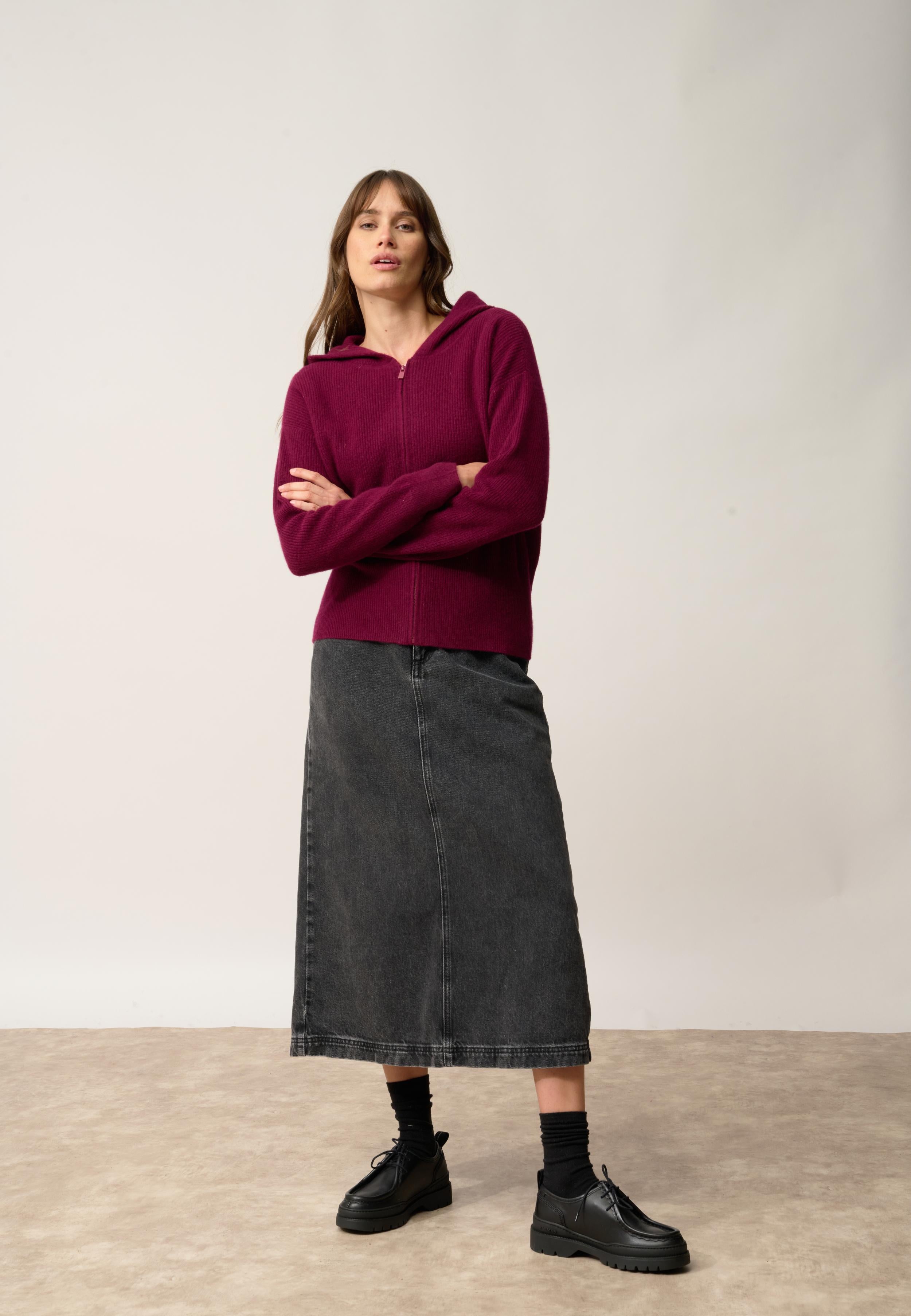 HELGA burgundy hooded zip-neck cardigan