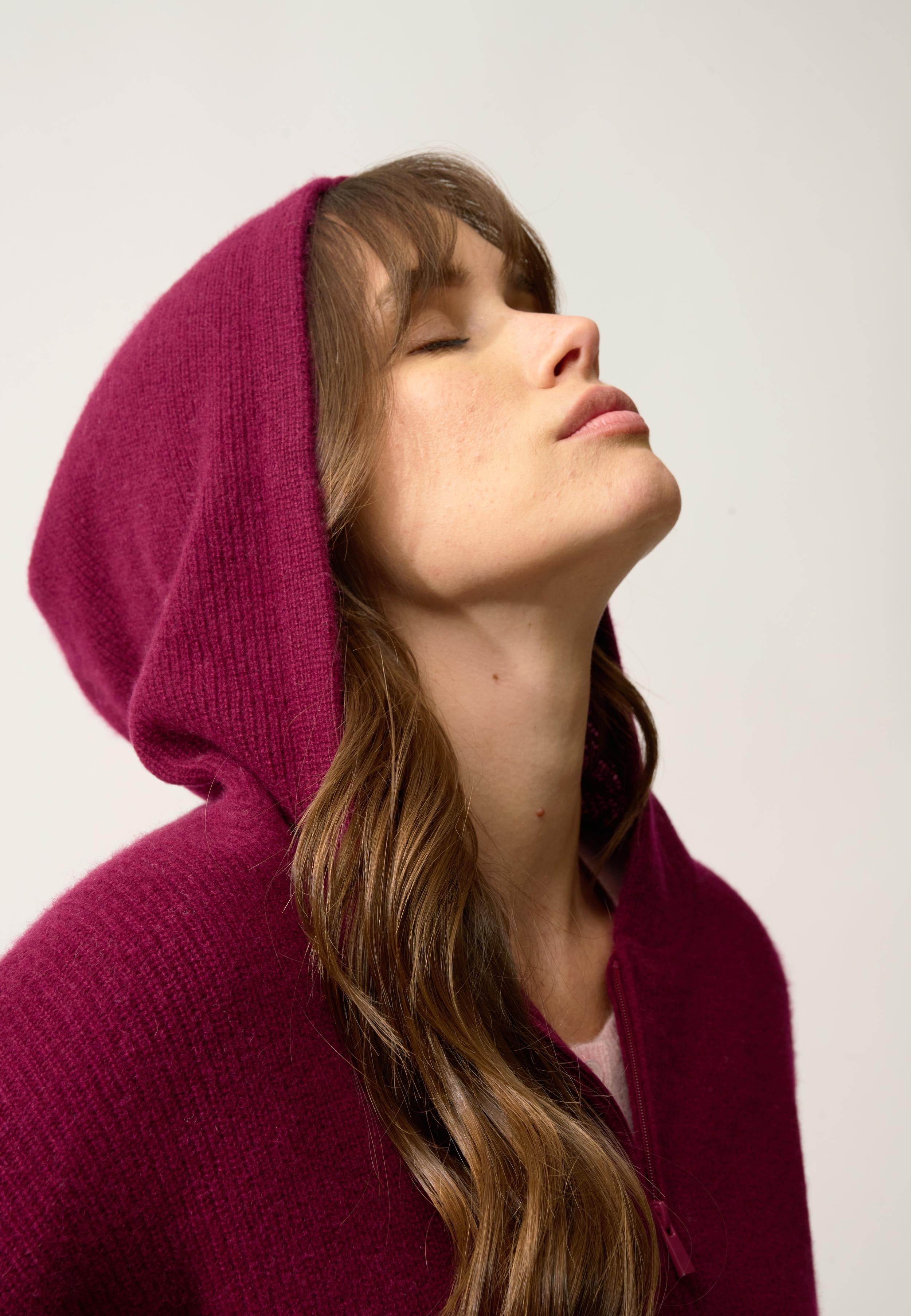 HELGA burgundy hooded zip-neck cardigan