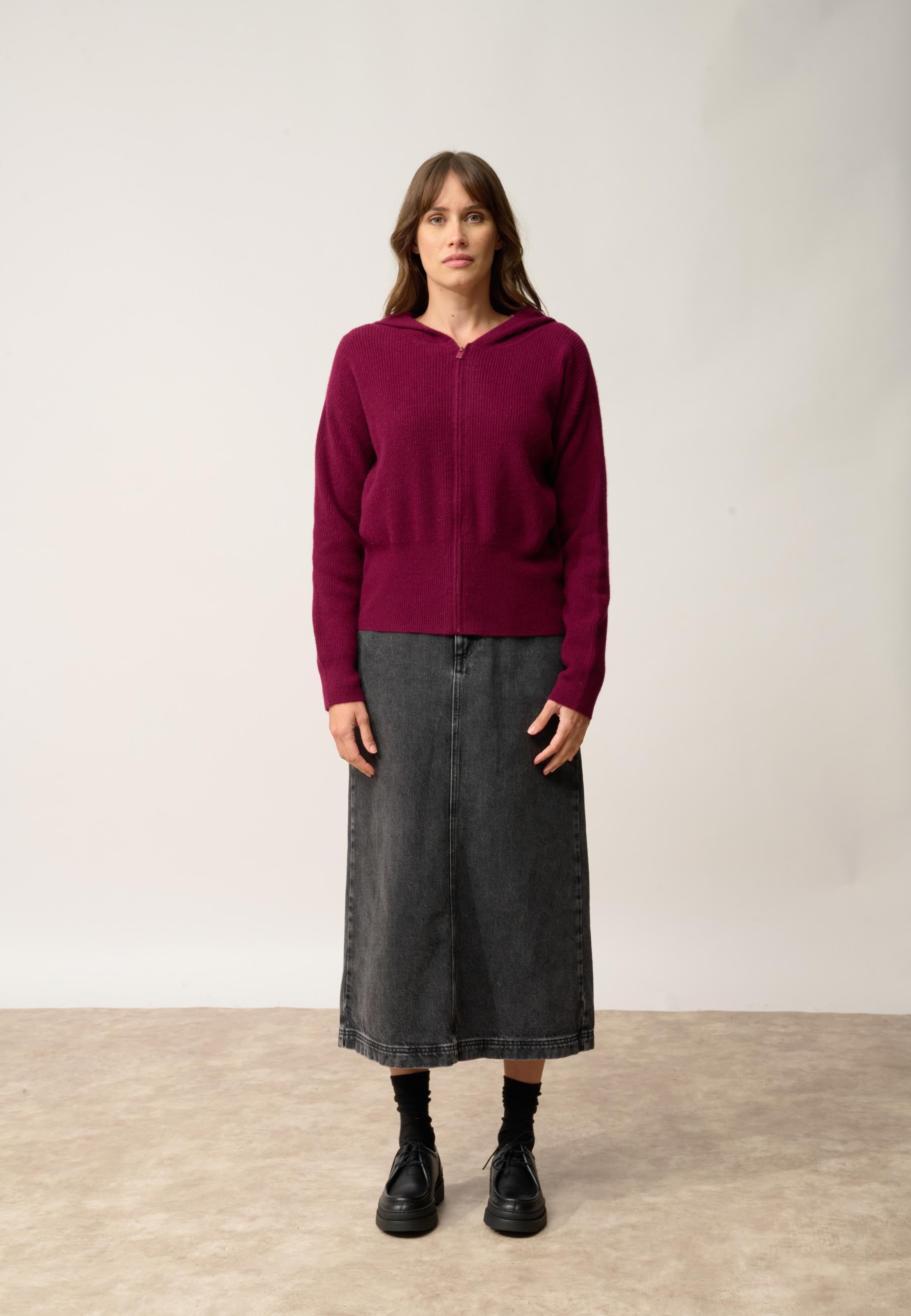 HELGA burgundy hooded zip-neck cardigan